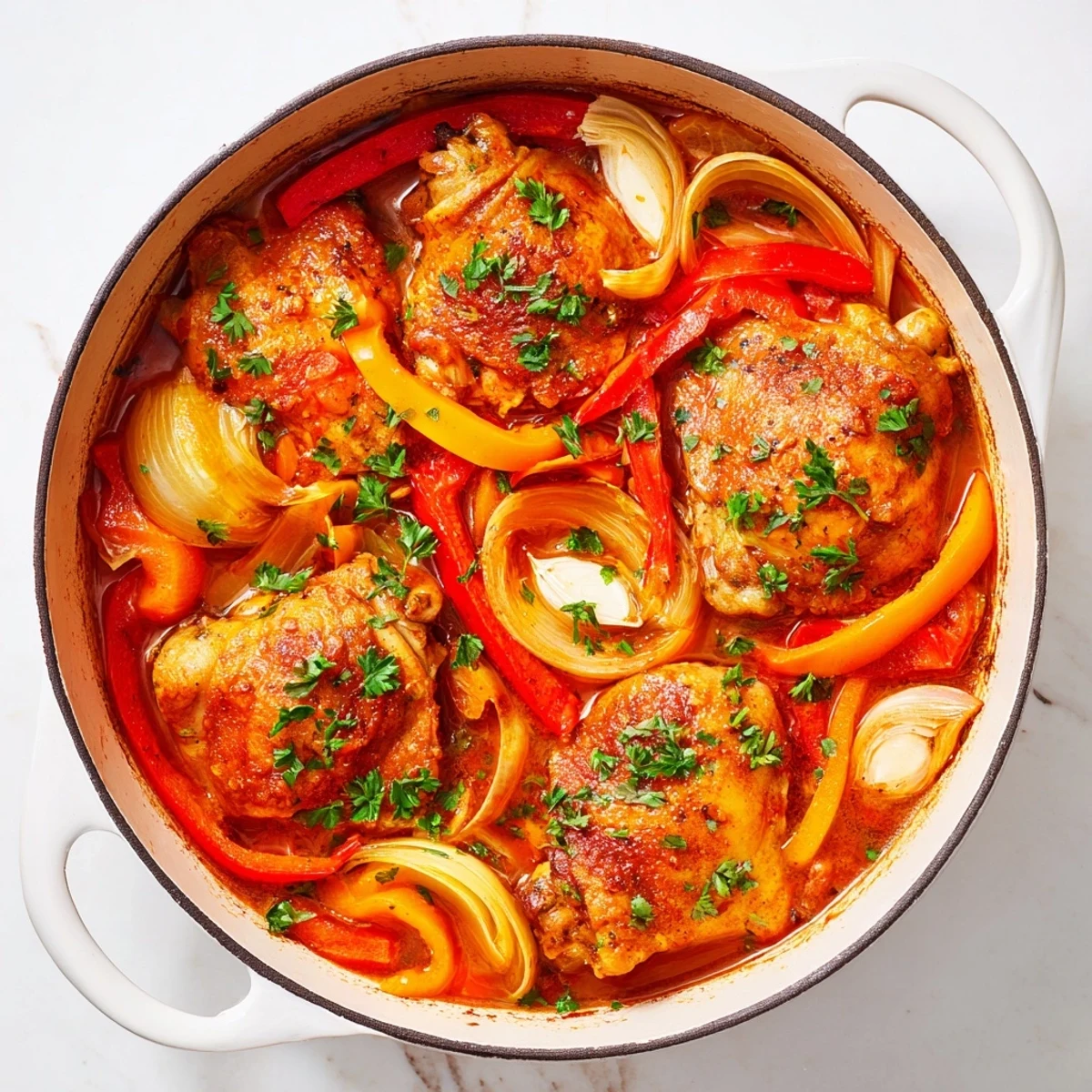One pot chicken dish with succulent thighs braised in garlic herbs and diced tomatoes