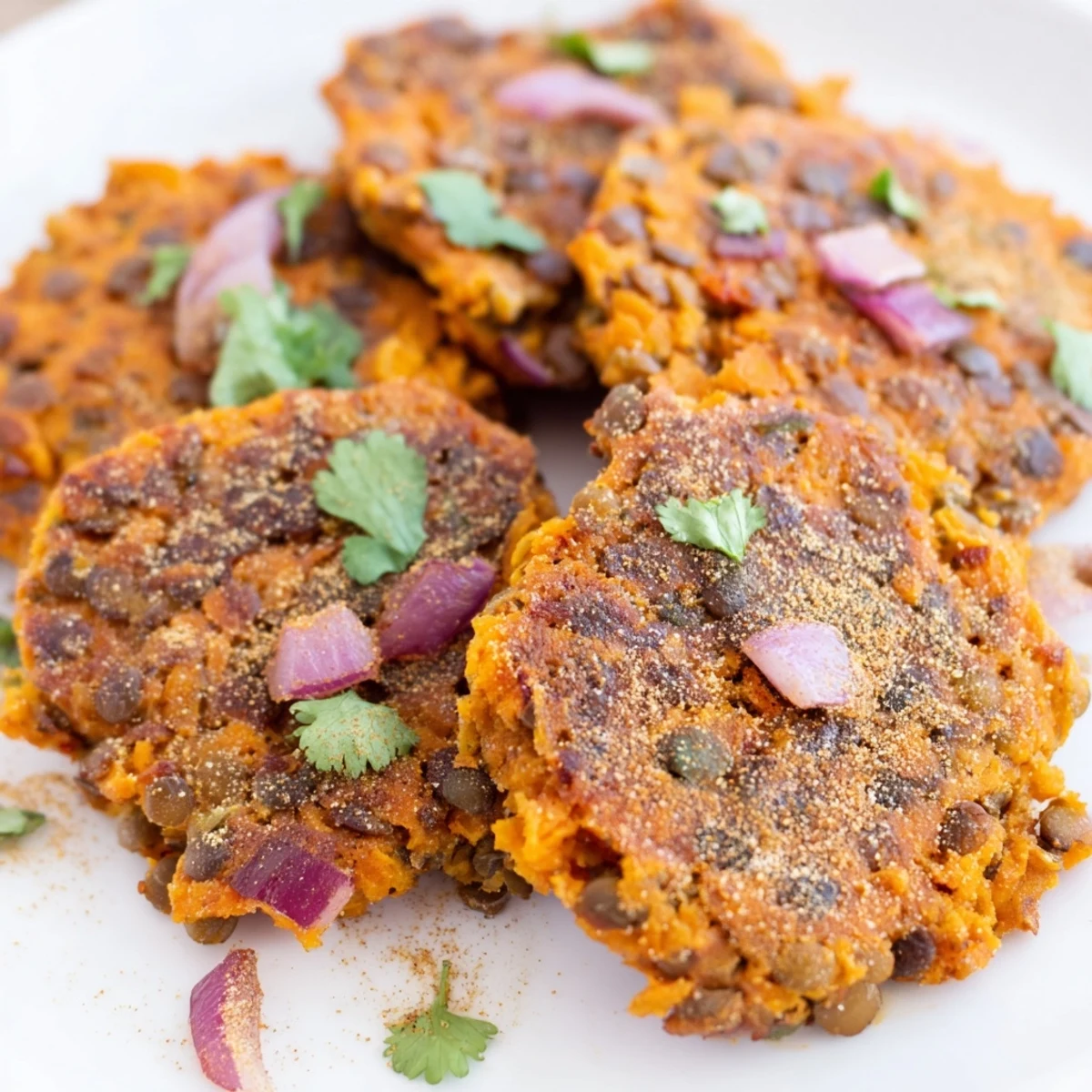 Golden brown sweet potato patties with lentils garnished with fresh herbs on a white plate