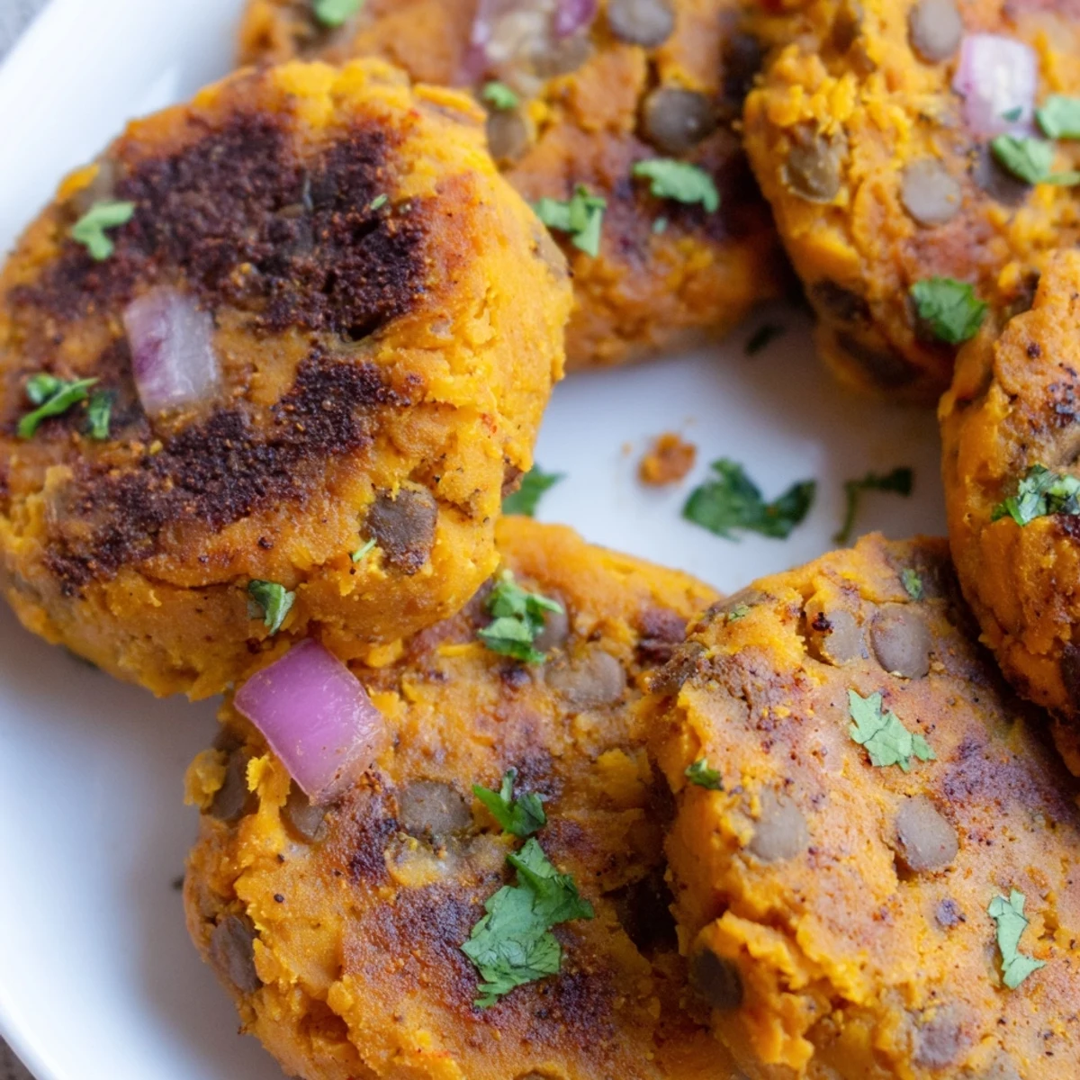 Crispy pan-fried sweet potato lentil patties served with creamy yogurt dip and green onion