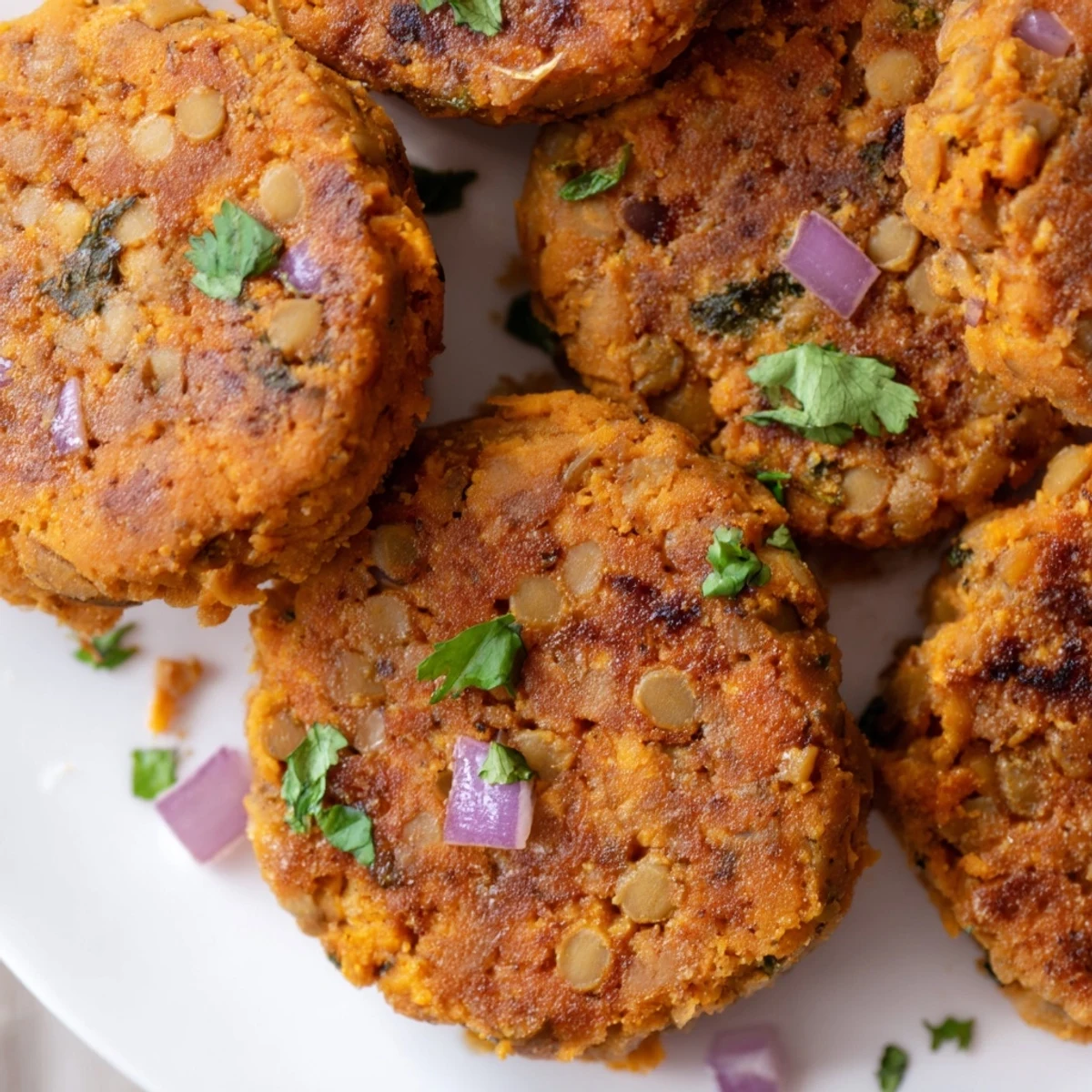 Vegetarian sweet potato patties featuring tender lentils displayed on rustic wooden cutting board