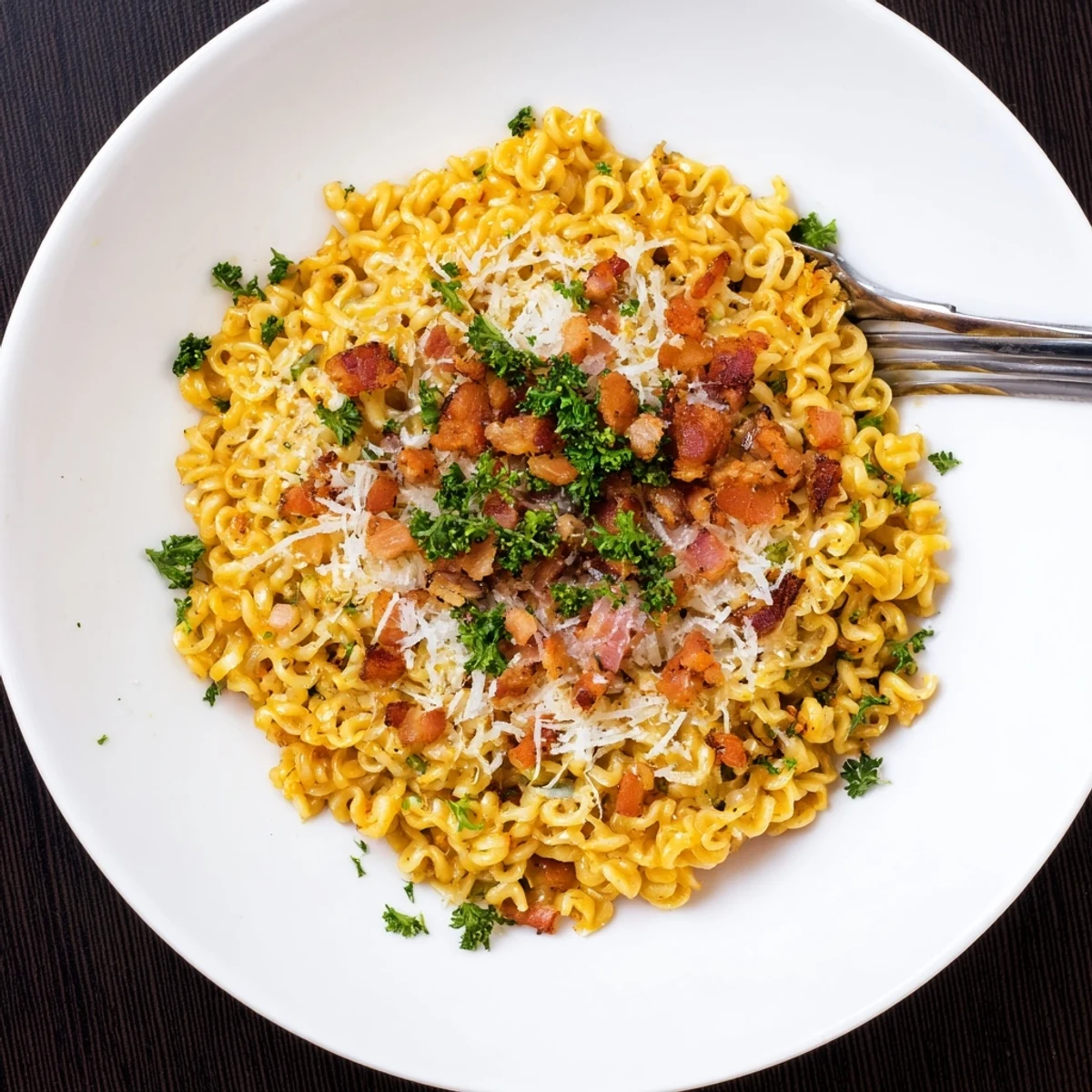 Crispy bacon topped ramen carbonara in a creamy parmesan egg sauce garnished with fresh parsley