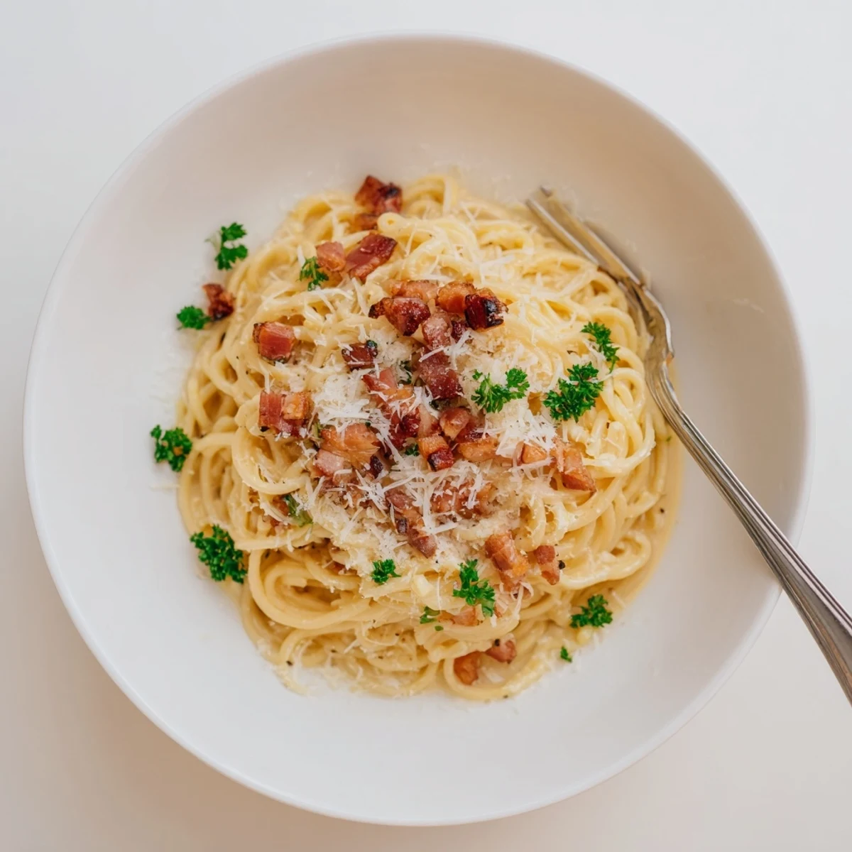Steaming bowl of ramen carbonara featuring silky egg coated noodles and crispy pancetta pieces