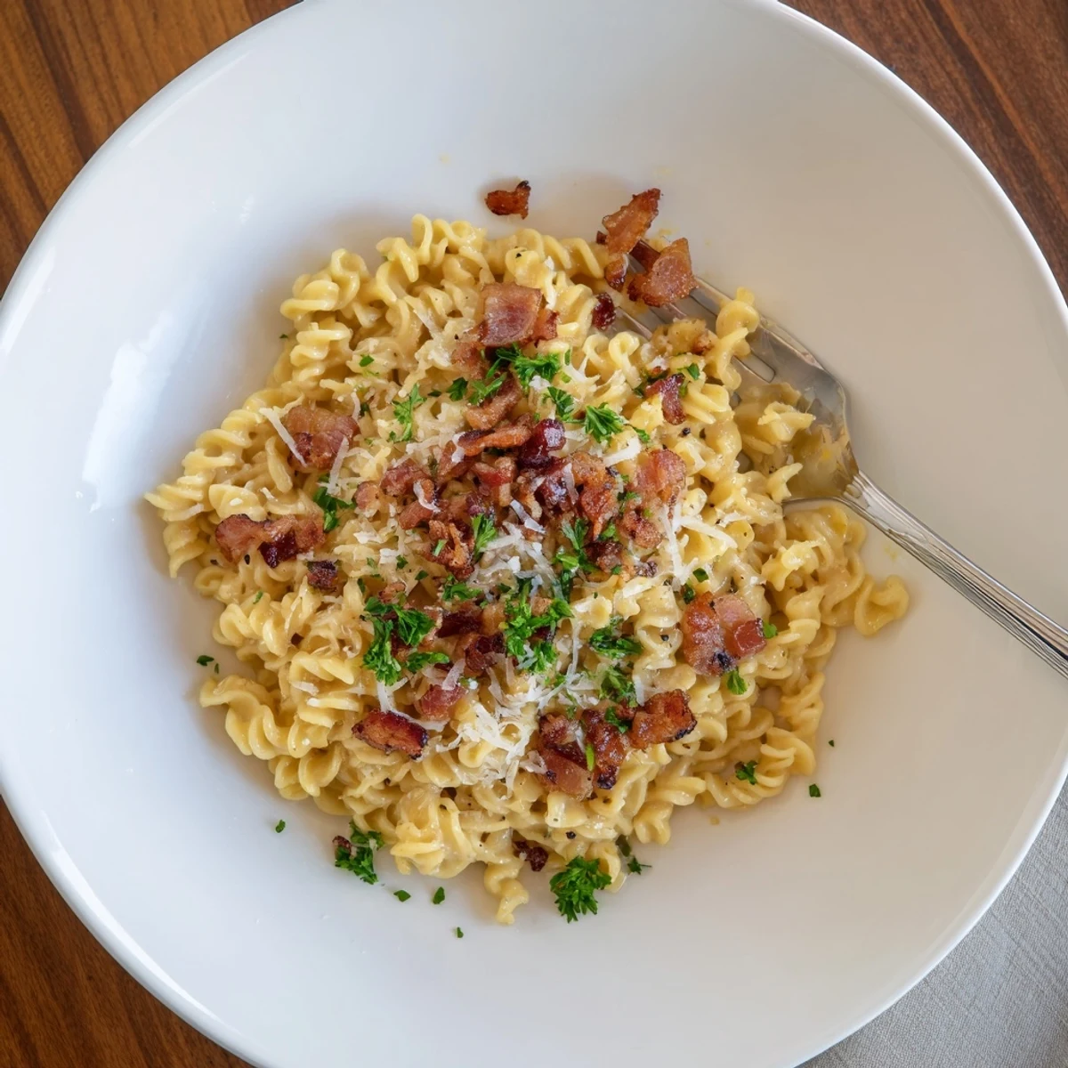 Close up of creamy ramen carbonara tossed with savory bacon and freshly grated parmesan cheese