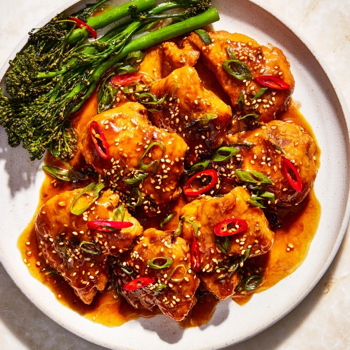 Succulent orange chicken pieces coated in glossy honey glaze, arranged atop vibrant chili-garnished broccoli and snap peas
