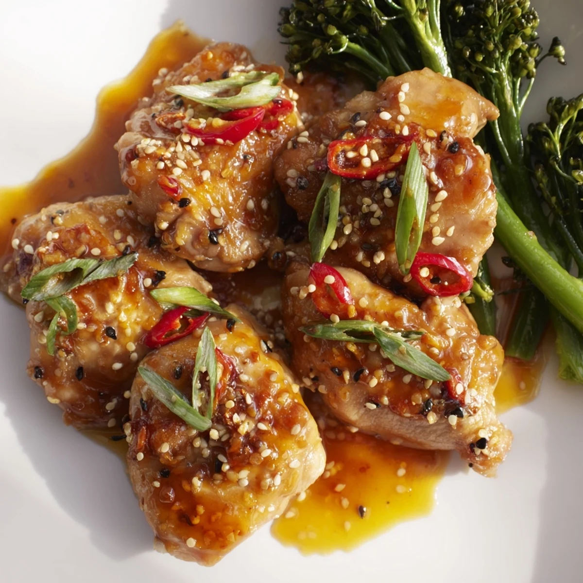 Golden sticky orange chicken glazed with sweet tangy sauce, served over spicy stir-fried greens and fresh vegetables