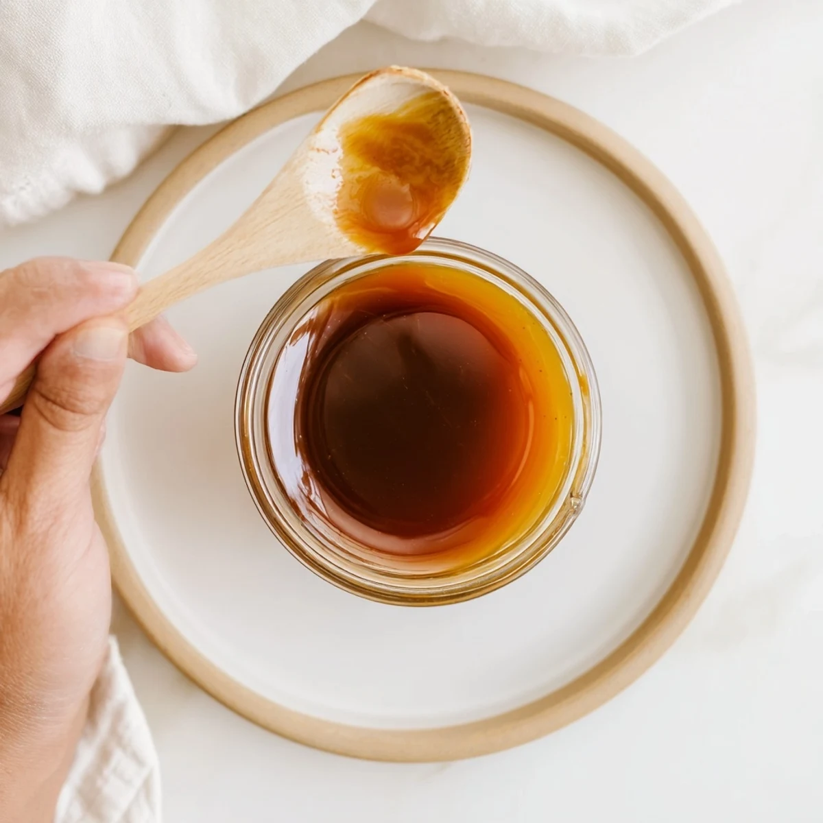 Spoonful of rich easy caramel sauce dripping from a silver whisk against dark background