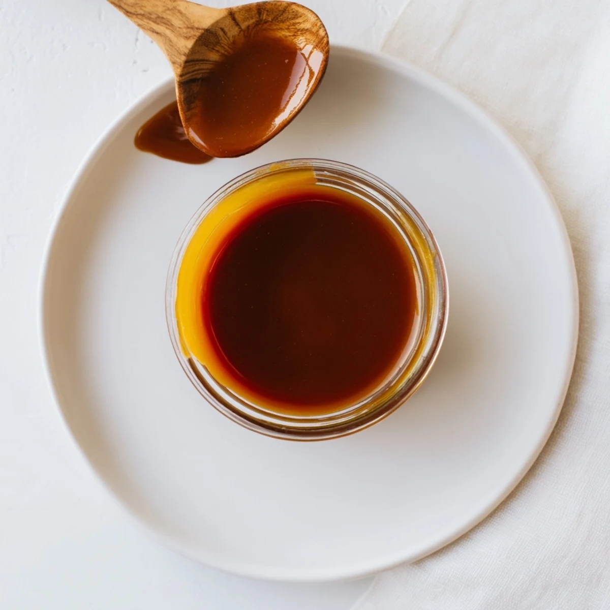 Golden easy caramel sauce slowly poured from a glass jar over vanilla ice cream