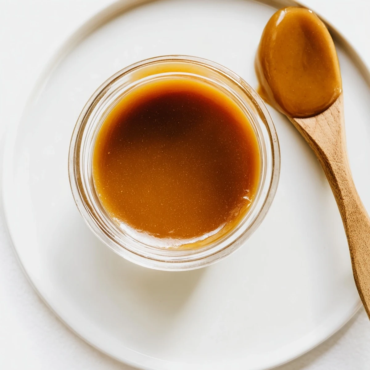 Warm amber easy caramel sauce swirling in white ceramic bowl atop marble countertop