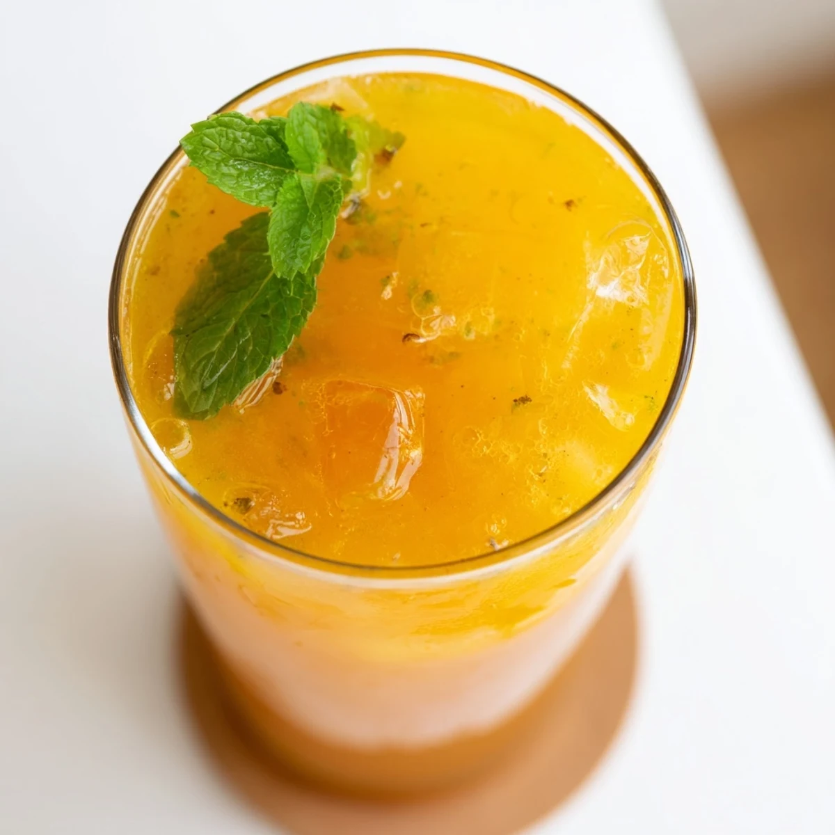 Vibrant yellow pineapple peach agua fresca poured into glasses with floating ice cubes