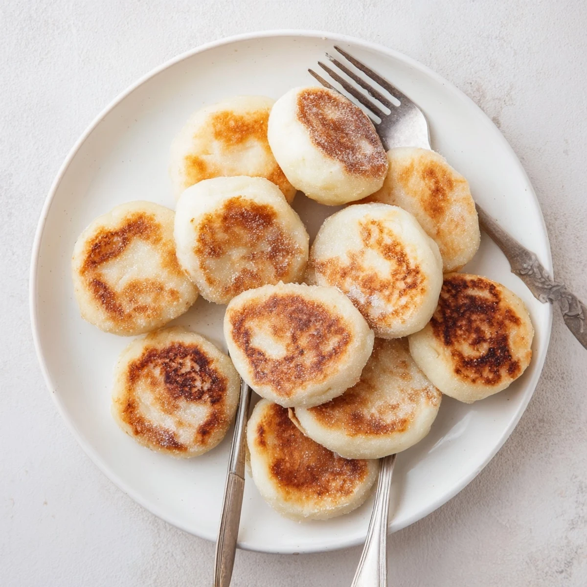 Golden brown Irish potato cakes stacked on a wooden cutting board with melted butter