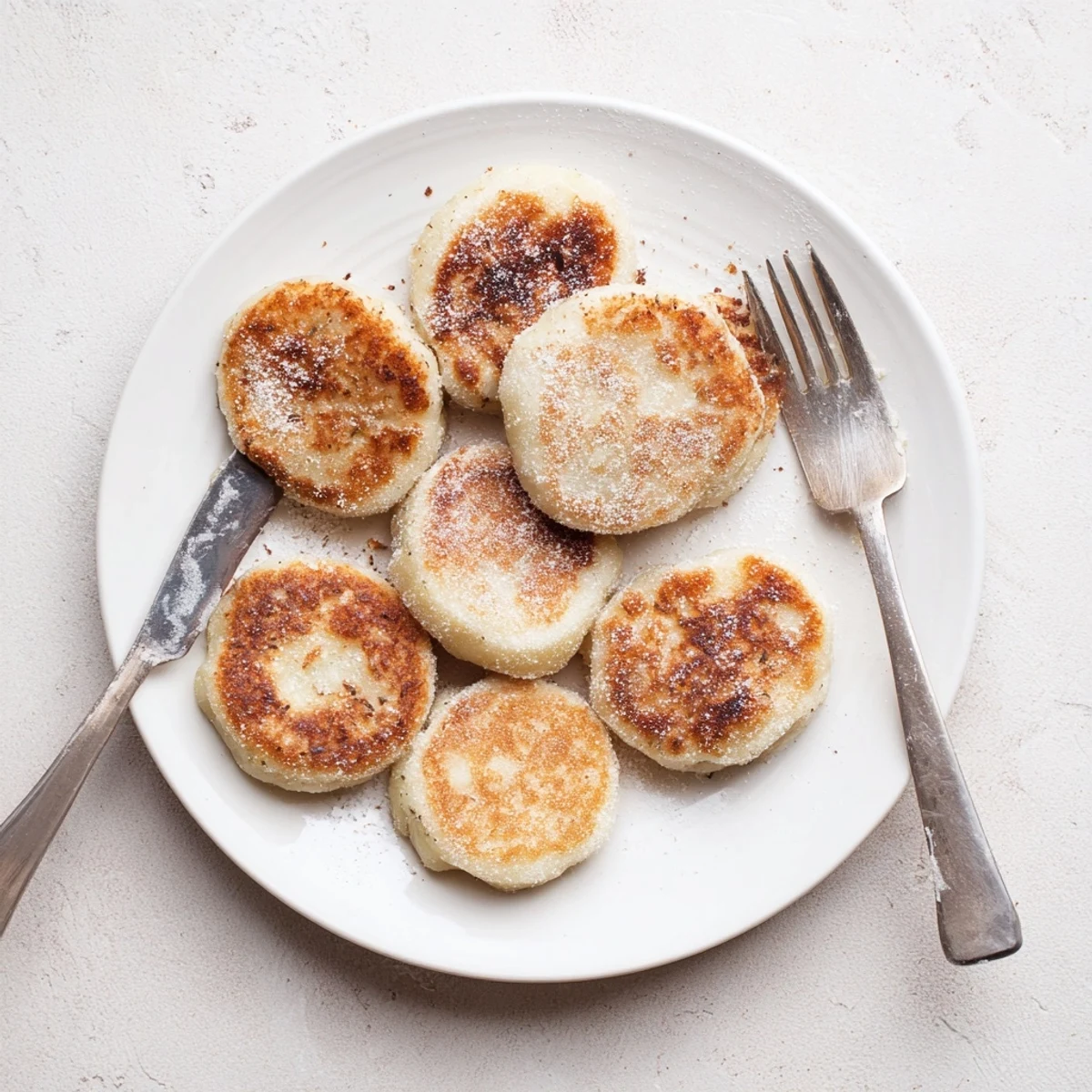 Pan-fried Irish potato cakes displaying crispy edges and fluffy centers on a white plate