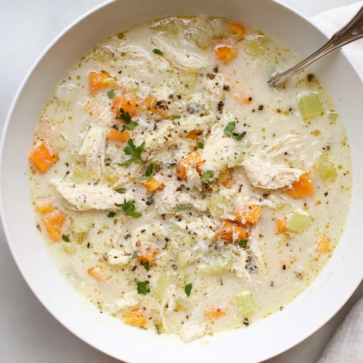 Creamy garlic Parmesan chicken soup steaming in a white bowl with fresh parsley sprinkled on top