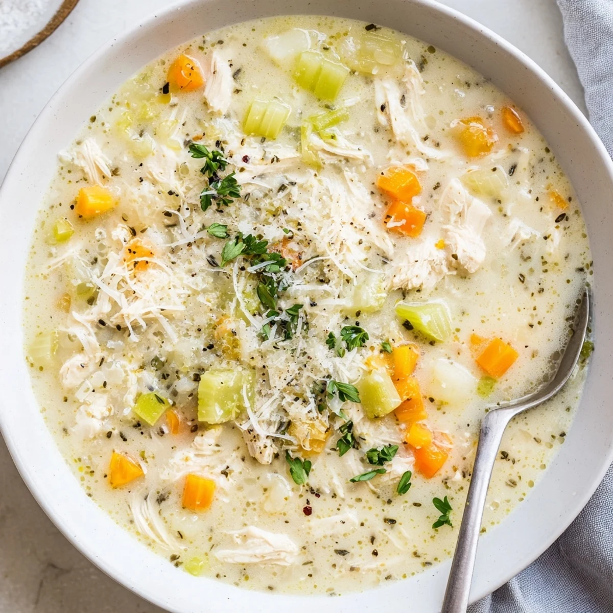 Spoonful of garlic Parmesan chicken soup loaded with tender chicken pieces and melted cheese
