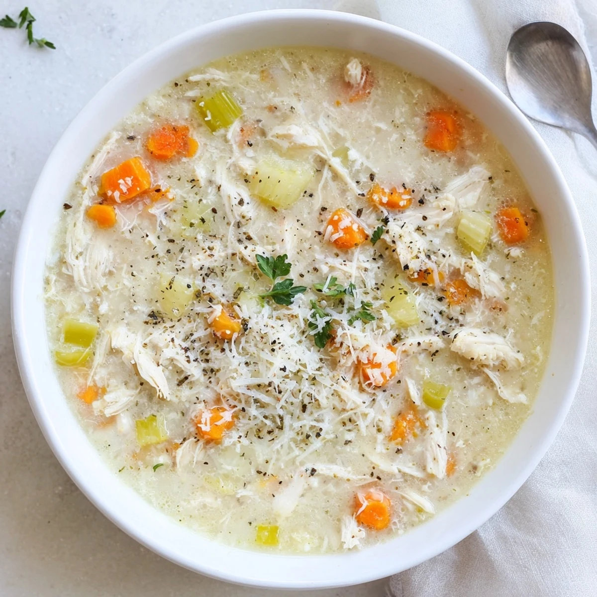 Comforting garlic Parmesan chicken soup served in rustic bowl with crusty bread on the side