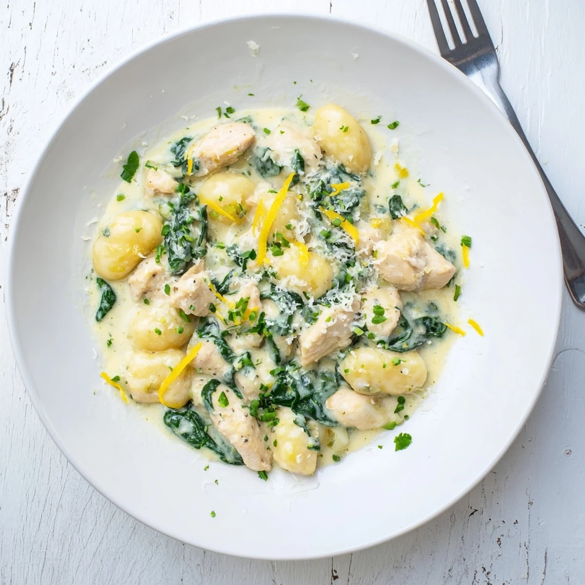 Golden chicken pieces and pillowy gnocchi swim in a rich lemon Parmesan cream sauce with wilted spinach