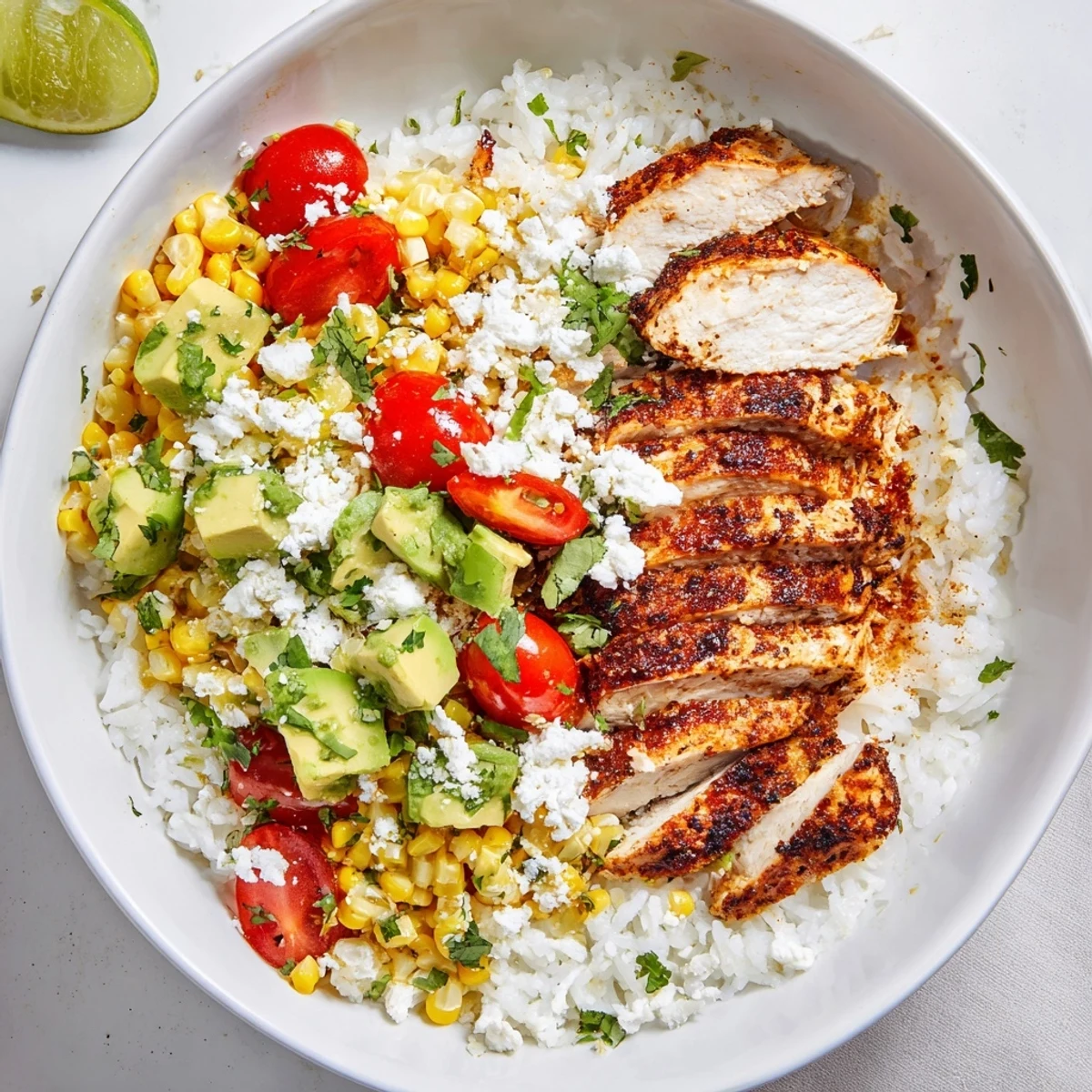 Vibrant street corn chicken and rice bowls loaded with grilled chicken, charred corn, avocado, and crumbly cotija cheese.