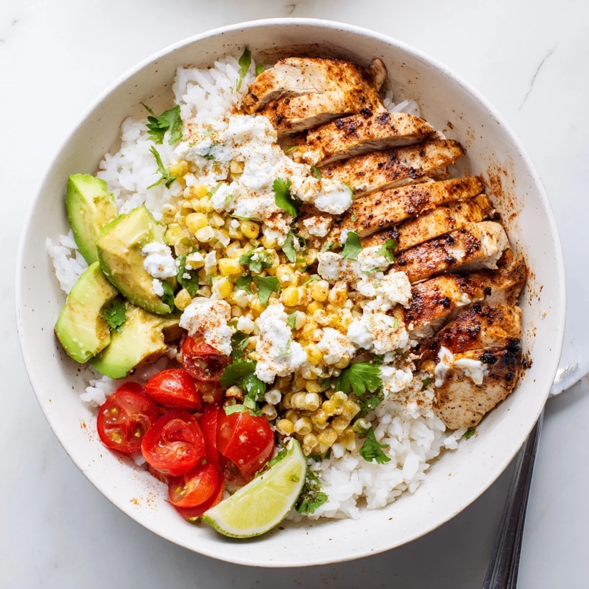 Delicious street corn chicken and rice bowls showcasing creamy corn, juicy chicken, fresh cilantro, and colorful cherry tomatoes.