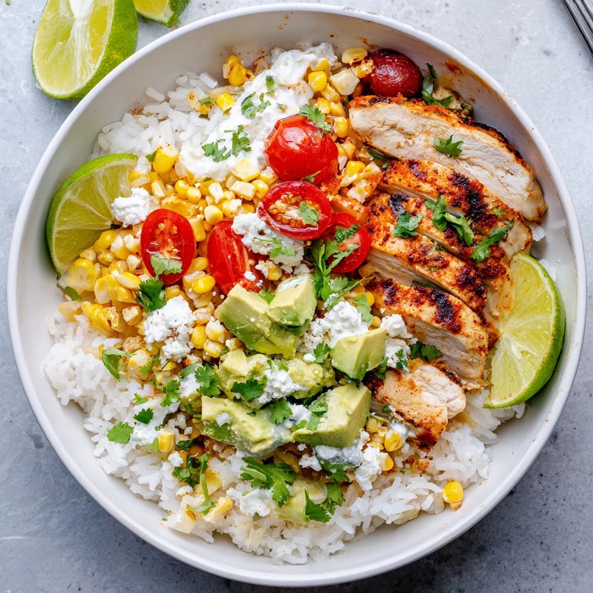 Satisfying street corn chicken and rice bowls featuring spiced grilled slices over fluffy rice with zesty lime toppings.