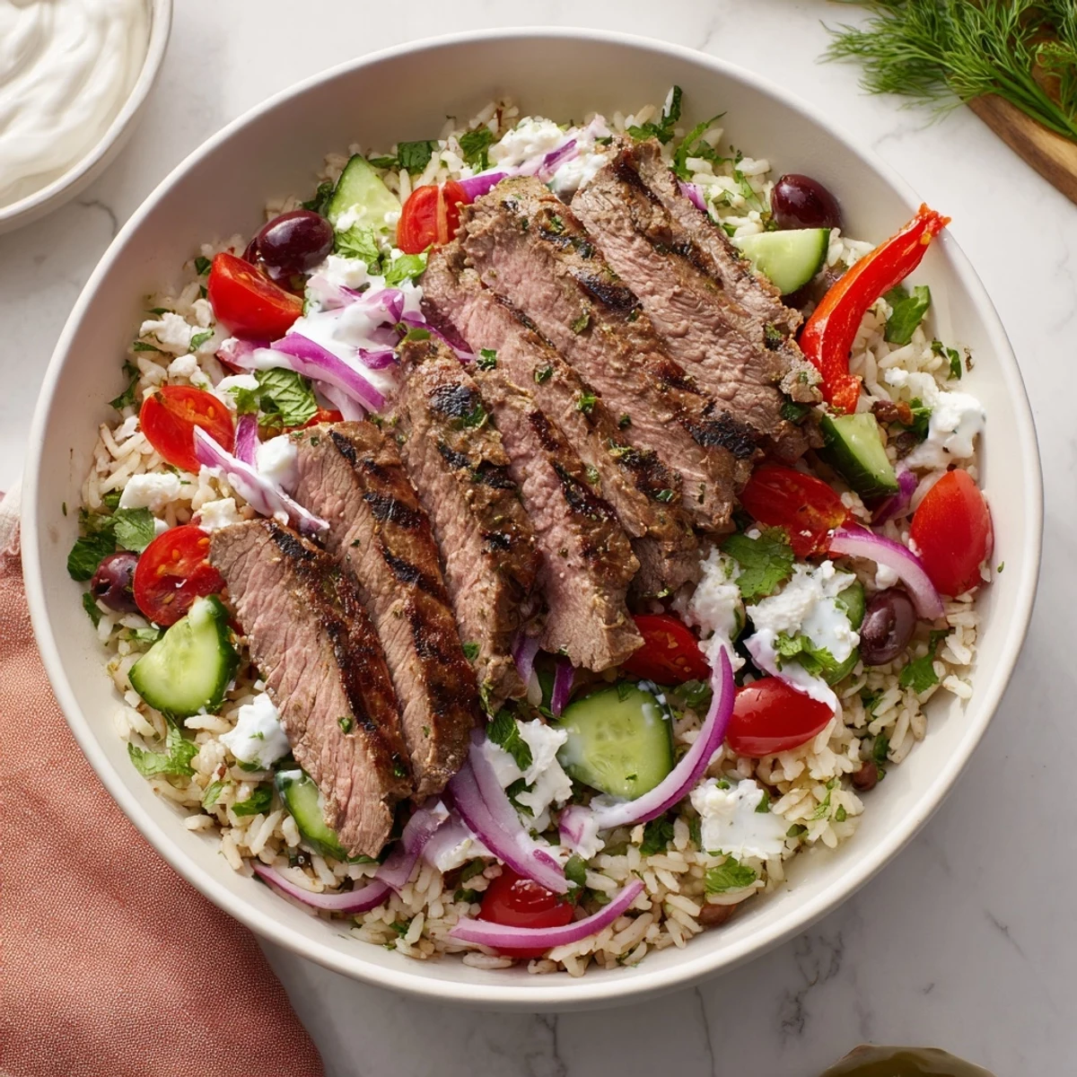 Juicy grilled steak slices atop herbed rice with fresh vegetables and tangy yogurt sauce in this Mediterranean steak bowl