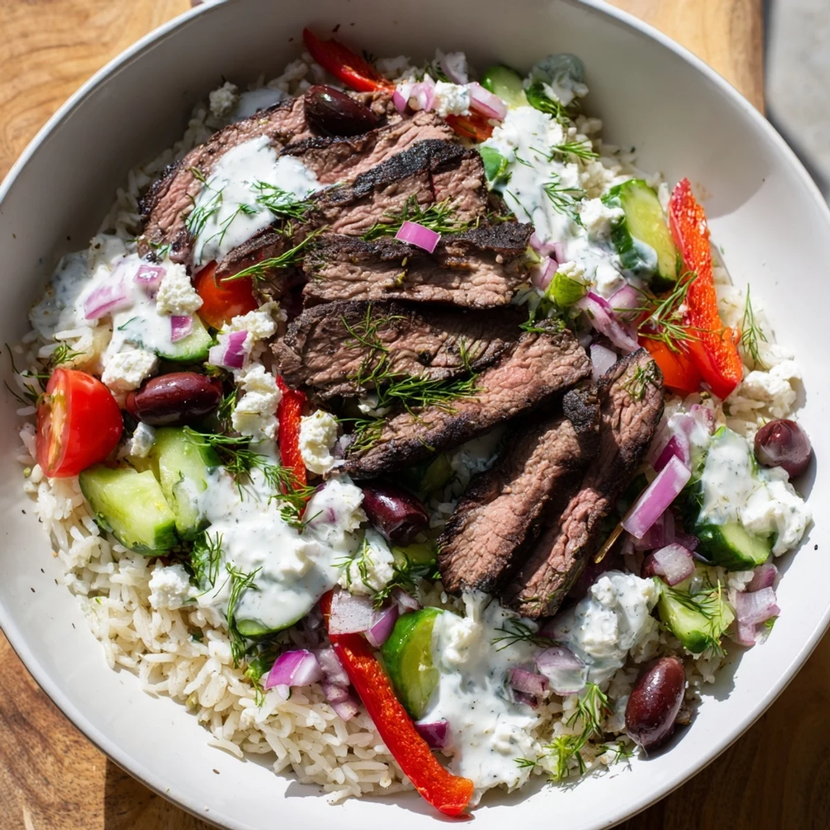 Colorful Mediterranean steak bowl featuring tender marinated steak, cherry tomatoes, cucumber, olives, and crumbled feta over fragrant herb rice