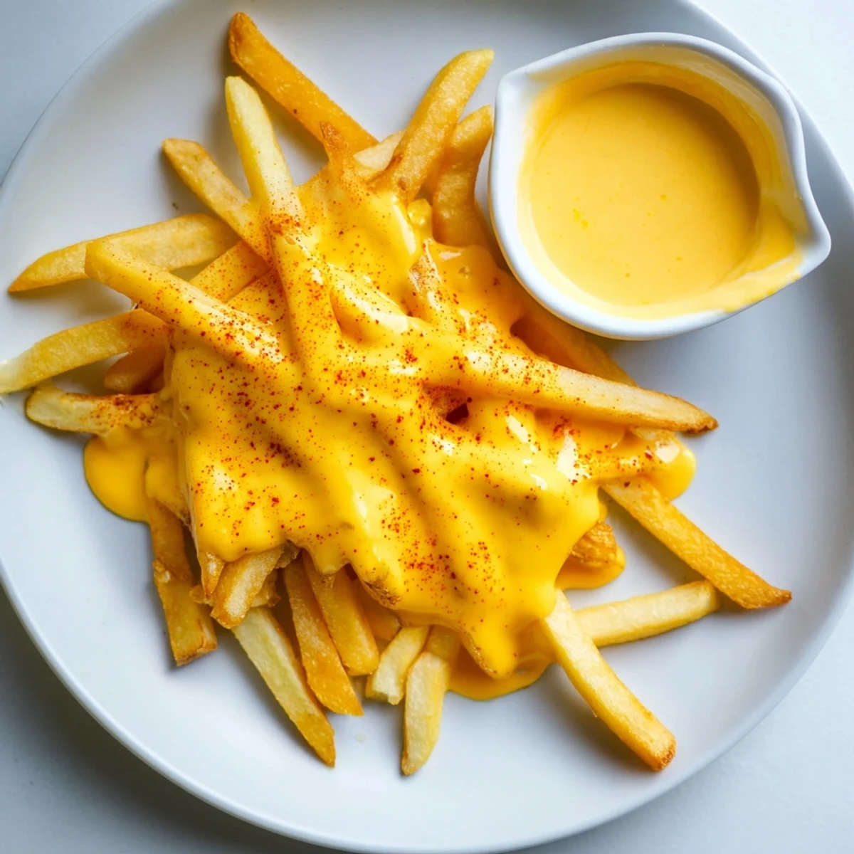 Golden cheese sauce for fries drizzled generously over crispy golden potato wedges