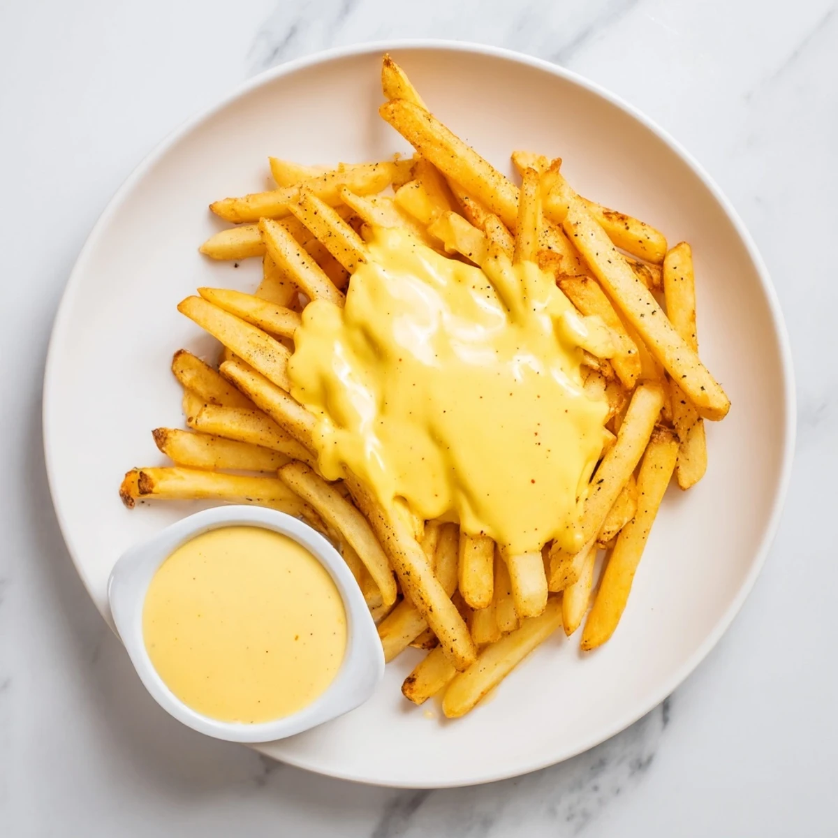 Creamy homemade cheese sauce for fries served in a white dipping bowl