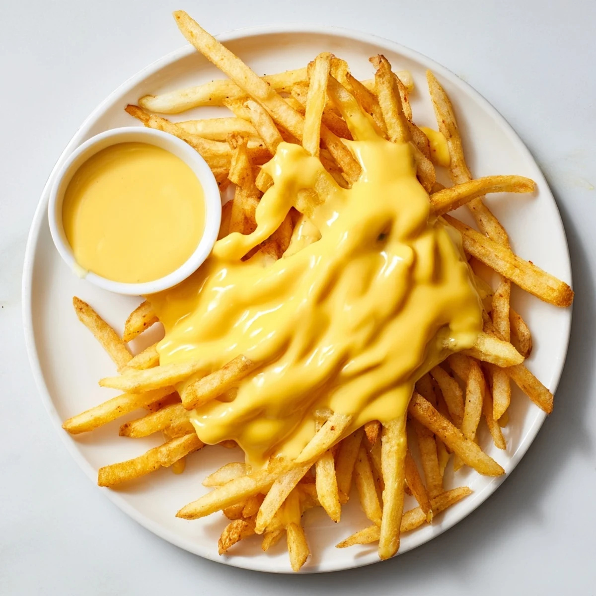 Velvety sharp cheddar cheese sauce for fries pooling beside seasoned french fries