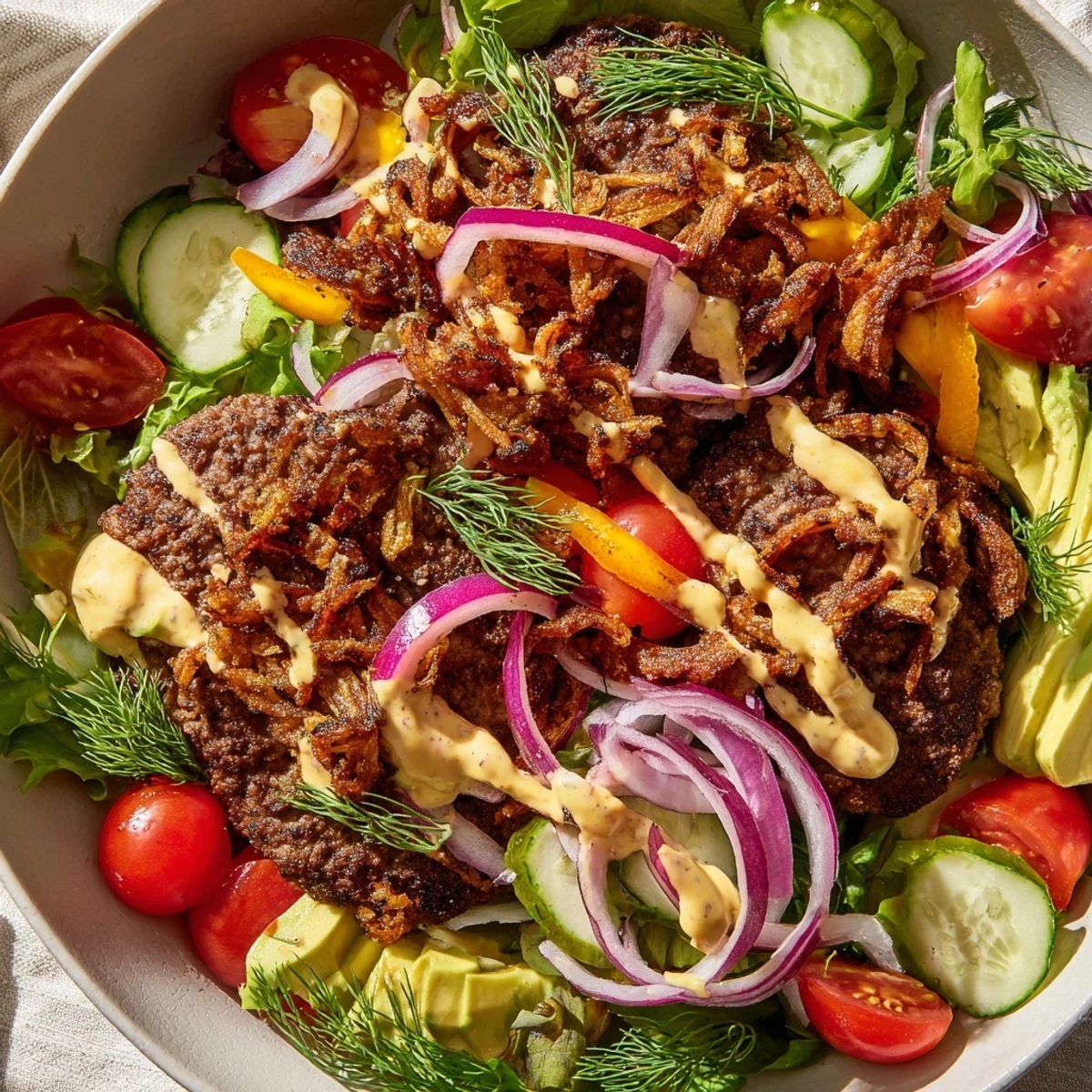 Vibrant low-carb smash burger bowl arranged with lettuce, tomatoes, avocado, cheese, and drizzled special sauce
