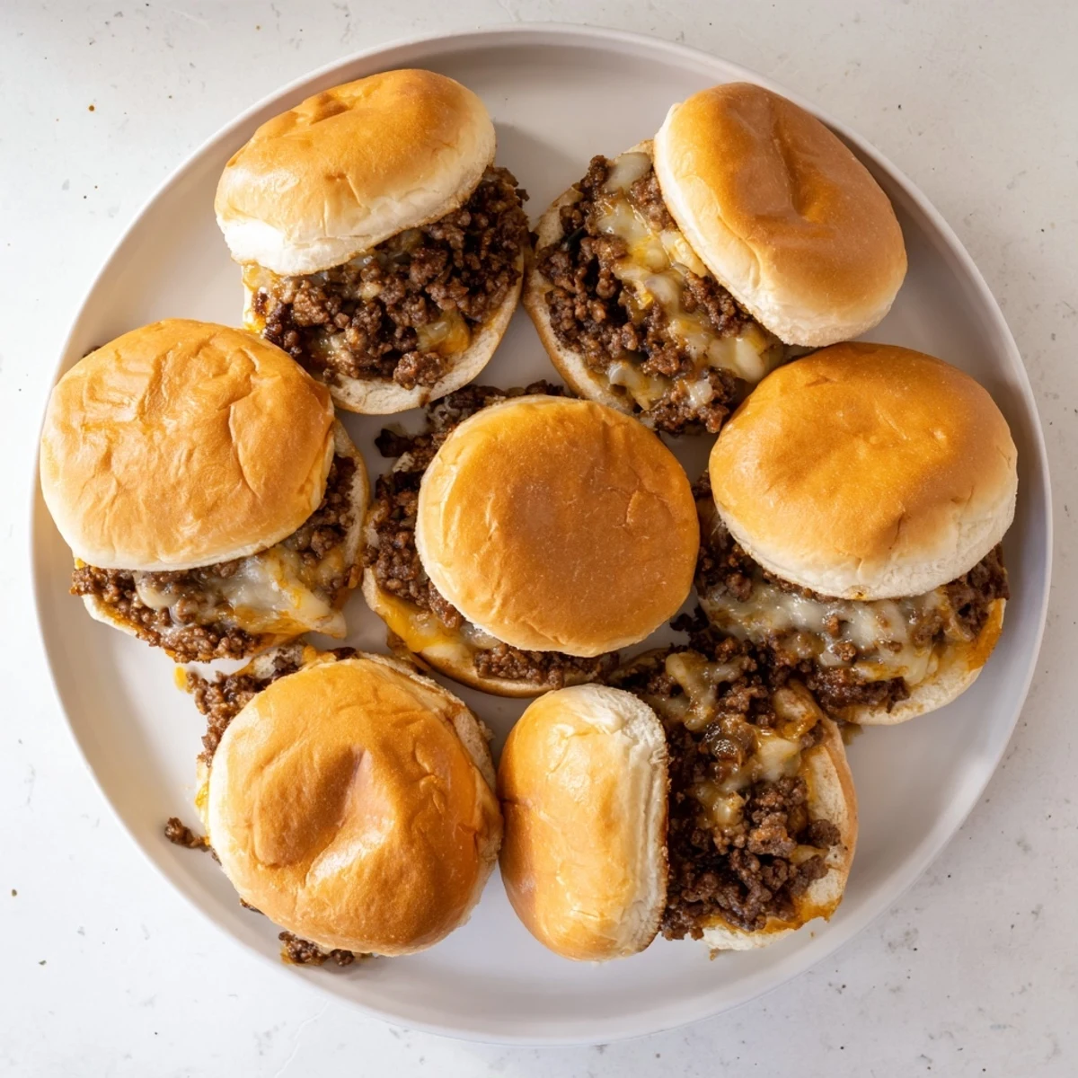Golden caramelized onions and ground beef piled onto toasted brioche buns with melted provolone cheese