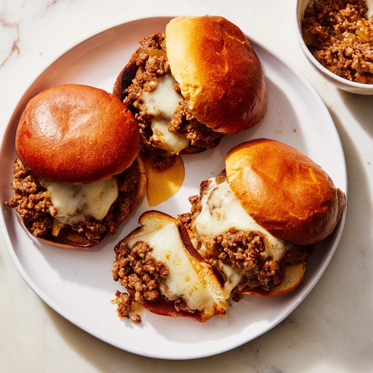 Savory French onion beef sloppy jores bubbling with melted cheese on a toasted brioche bun