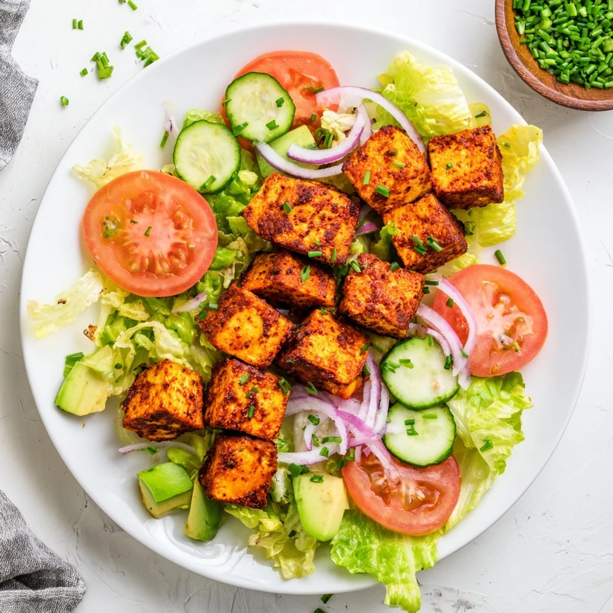 Vegan summer smoky tofu lettuce tomato bowl with colorful fresh vegetables and light dressing