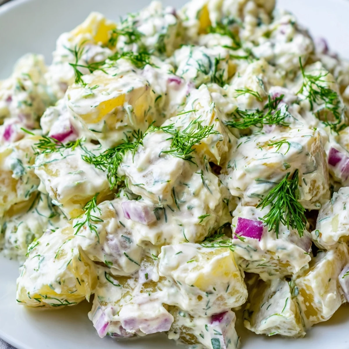 Creamy Greek yogurt potato salad topped with fresh dill, parsley, and crunchy red onion