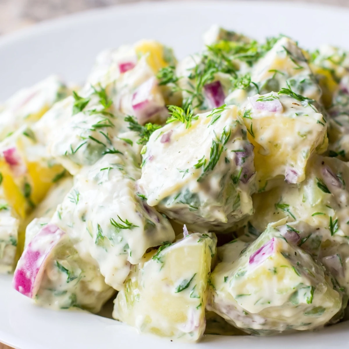 Golden potatoes tossed in Greek yogurt dressing with celery, onions, and vibrant fresh herbs