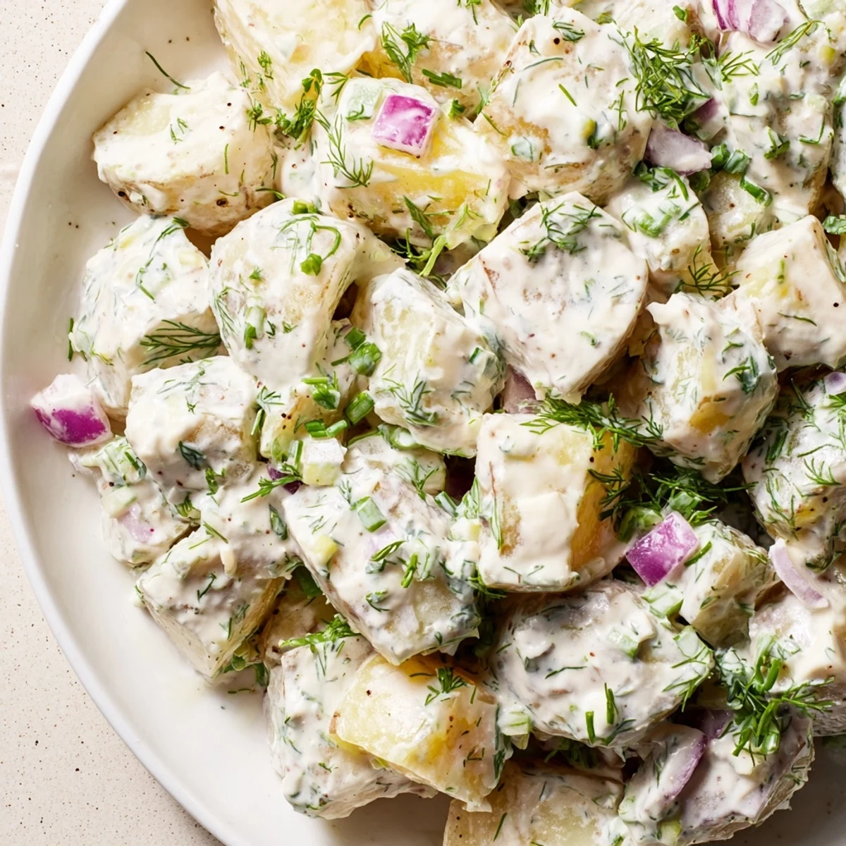 Light and tangy Greek yogurt potato salad served in a white bowl with green herbs