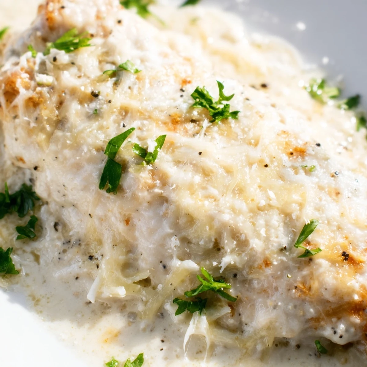 Golden-brown creamy parmesan baked Caesar chicken with melted cheese topping