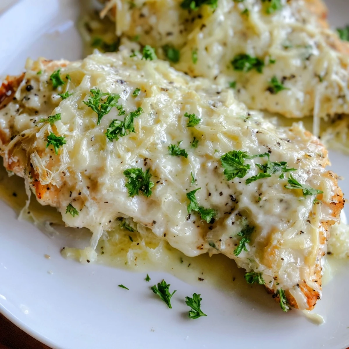 Tender juicy chicken breasts baked in rich luscious Caesar parmesan sauce