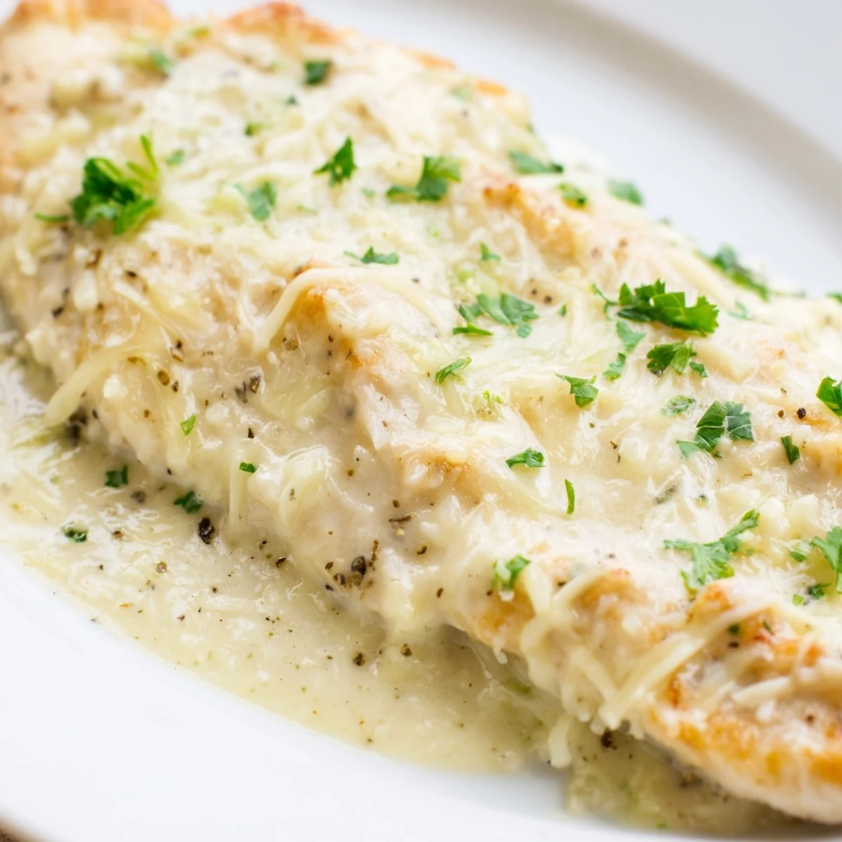 Crispy cheesy baked Caesar chicken dish garnished with fresh green parsley