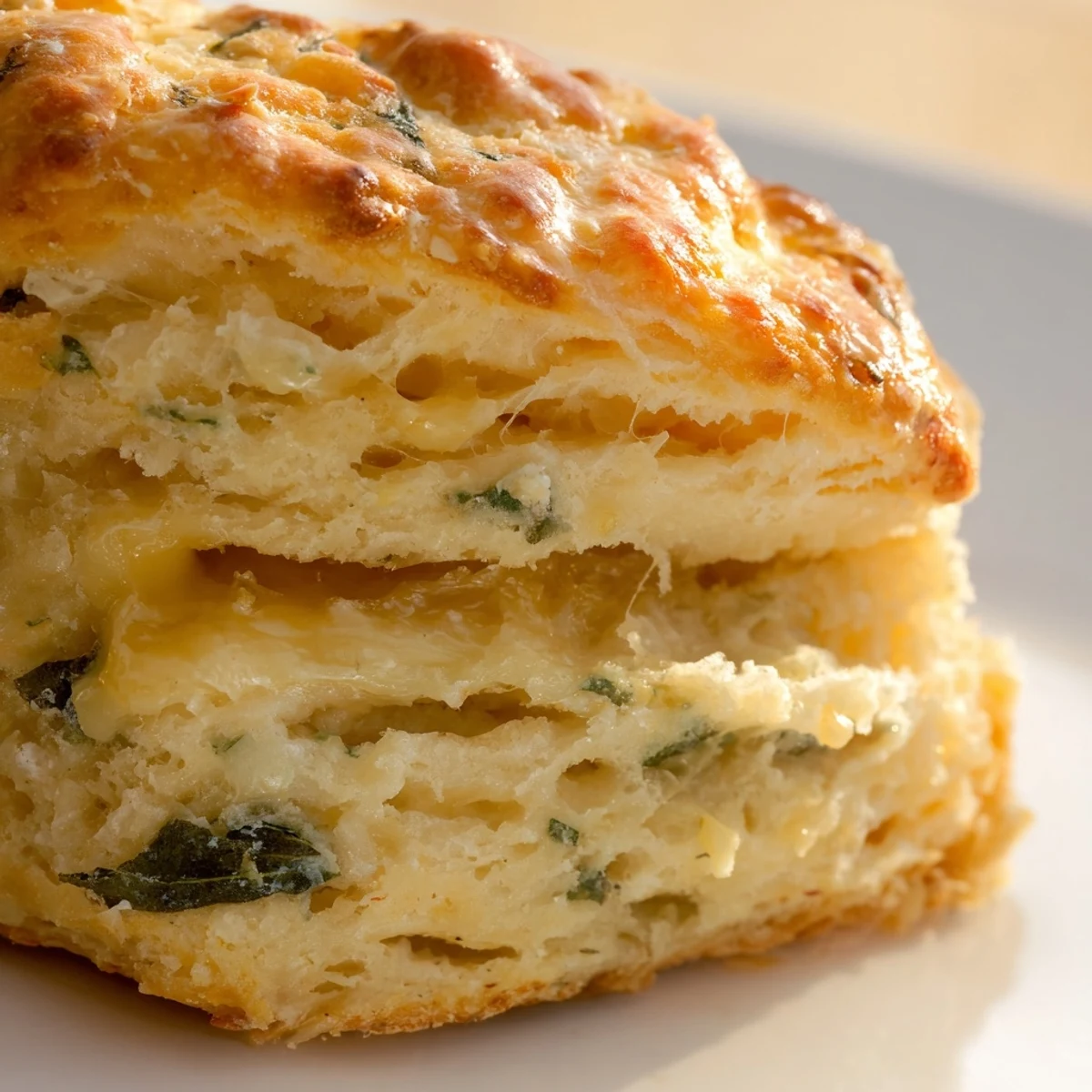 Golden brown Sage and Gruyere biscuits stacked on a wooden serving board