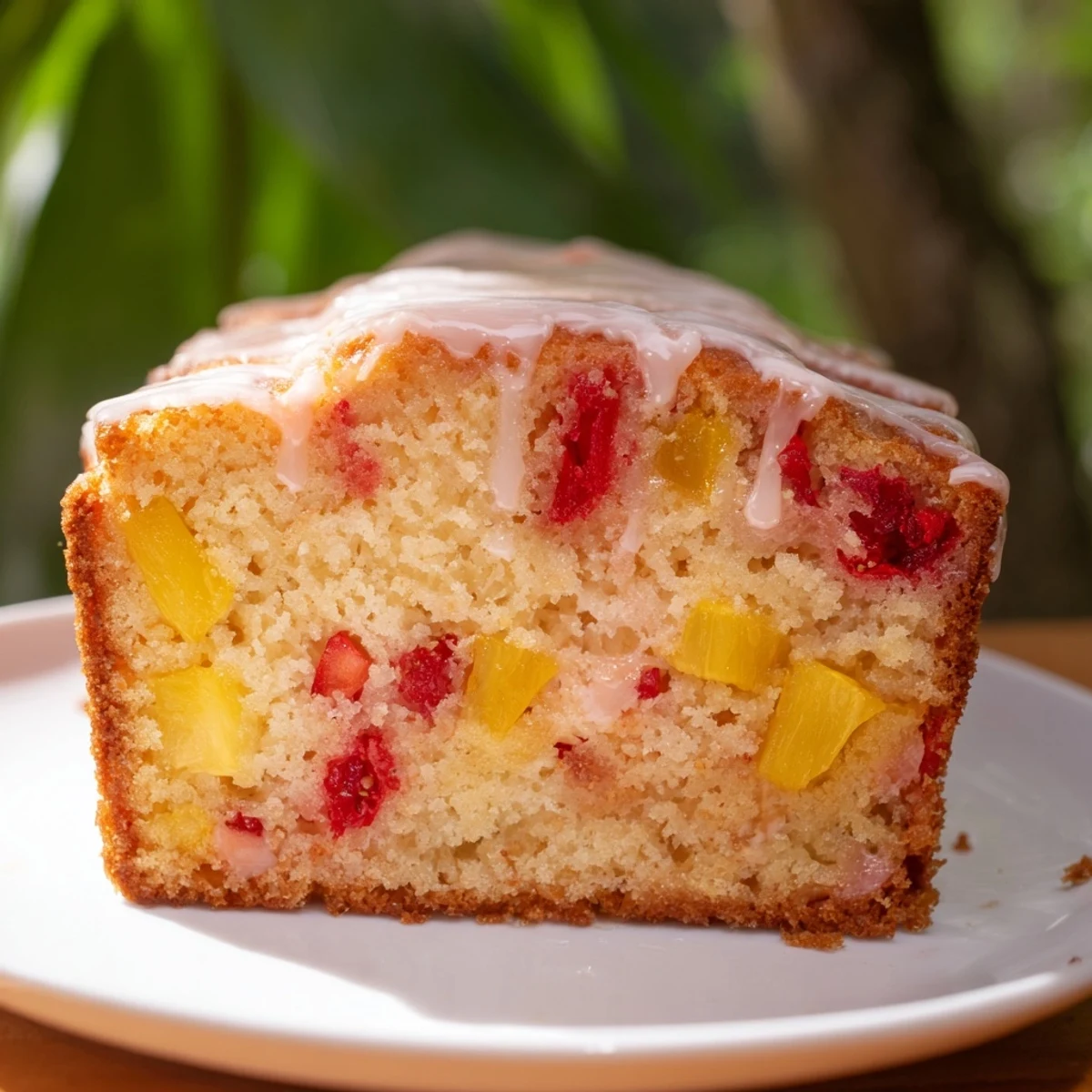 Golden slice of strawberry pineapple pound cake topped with sweet pineapple glaze and fresh berries