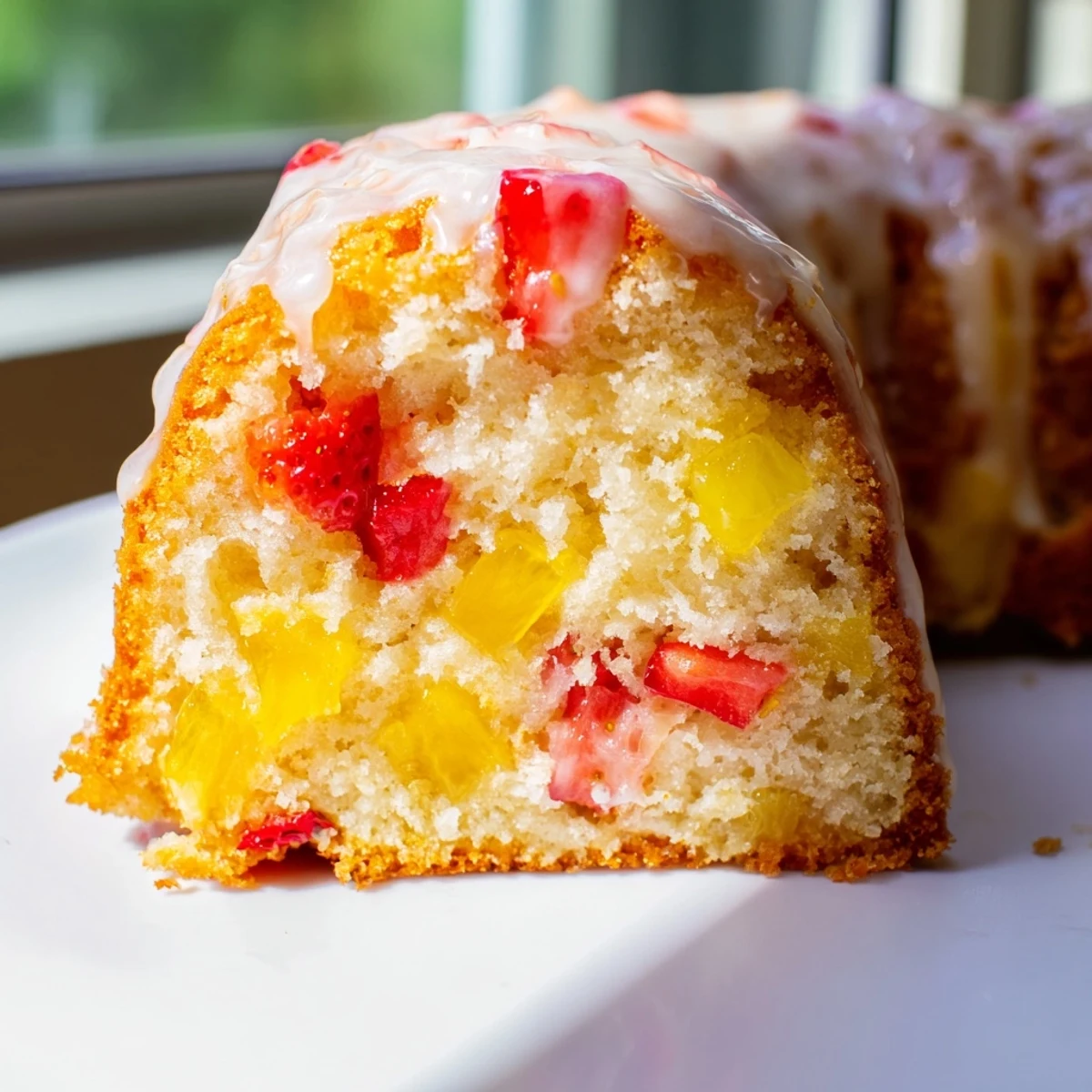 Moist tropical pound cake studded with diced strawberries and pineapple pieces on a white serving plate