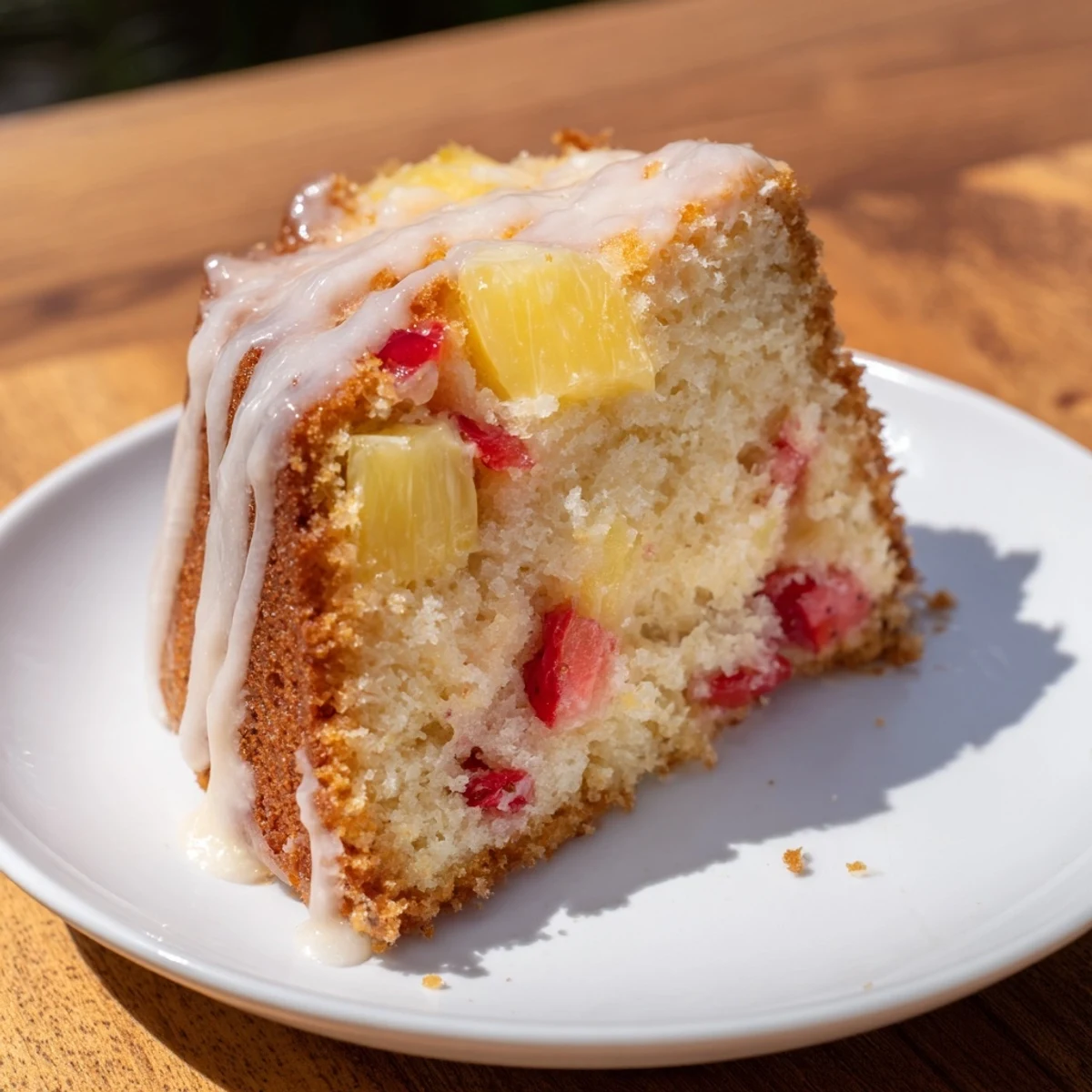 Freshly baked strawberry pineapple pound cake with fruit specks visible in every tender crumb slice