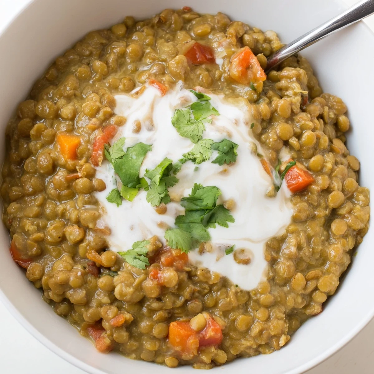 Creamy Greek yogurt lentil curry topped with fresh cilantro and served over fluffy white rice