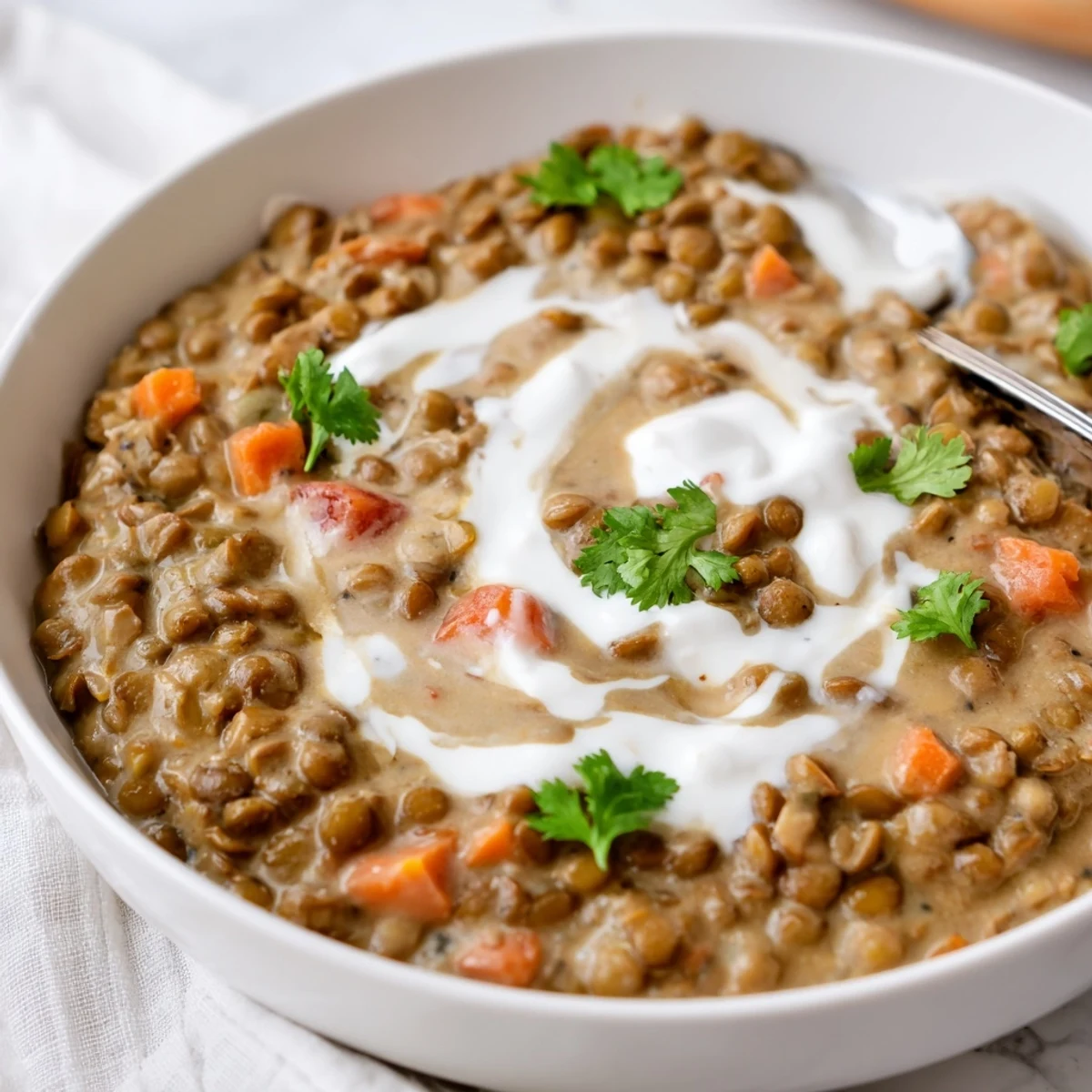 Golden bowl of Indian-style Greek yogurt lentil curry garnished with chopped cilantro and lemon wedge