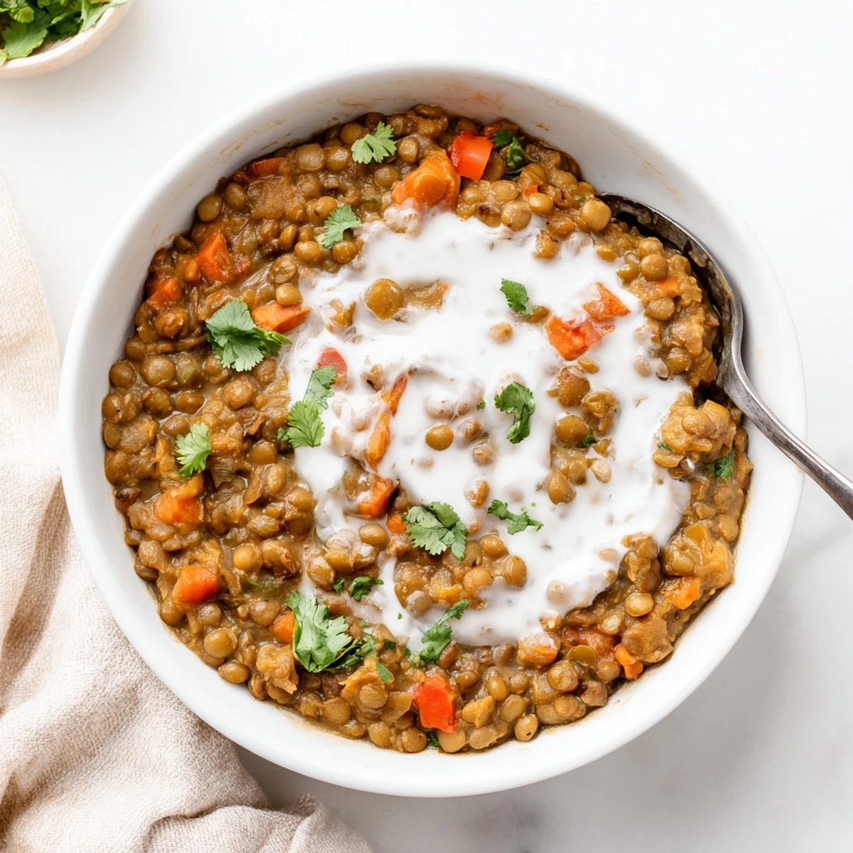 Velvety smooth lentil curry swirled with Greek yogurt and spices, served with warm naan bread