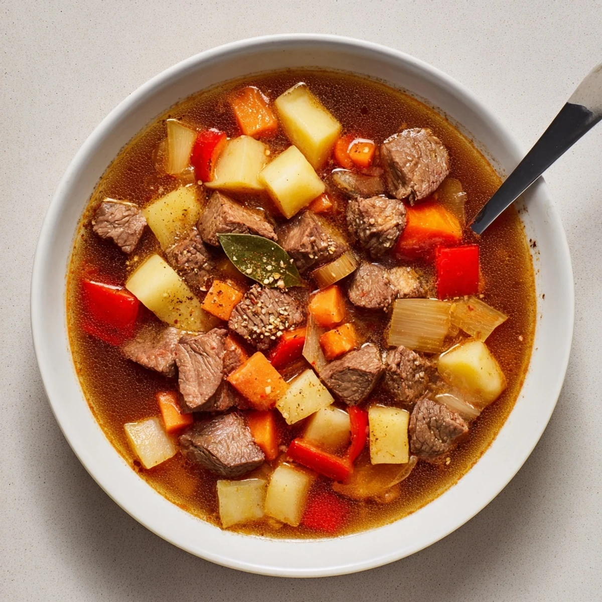 Golden bowl of authentic Hungarian Gulyás stew brimming with tender beef chunks and colorful vegetables in rich paprika-infused broth