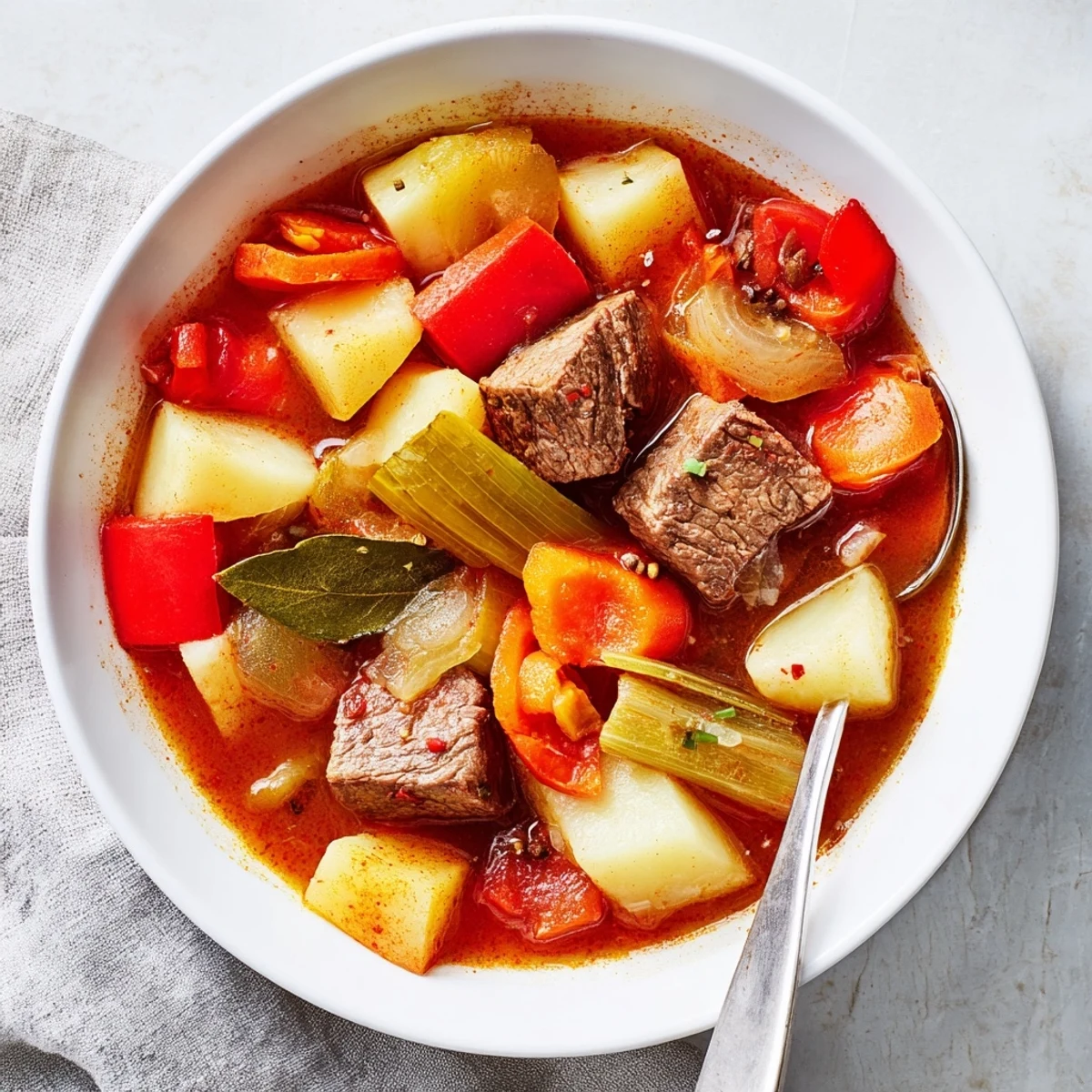 Steaming Hungarian Gulyás ladled into rustic serving bowl showcasing fork-tender beef, diced potatoes, carrots, and vibrant red pepper