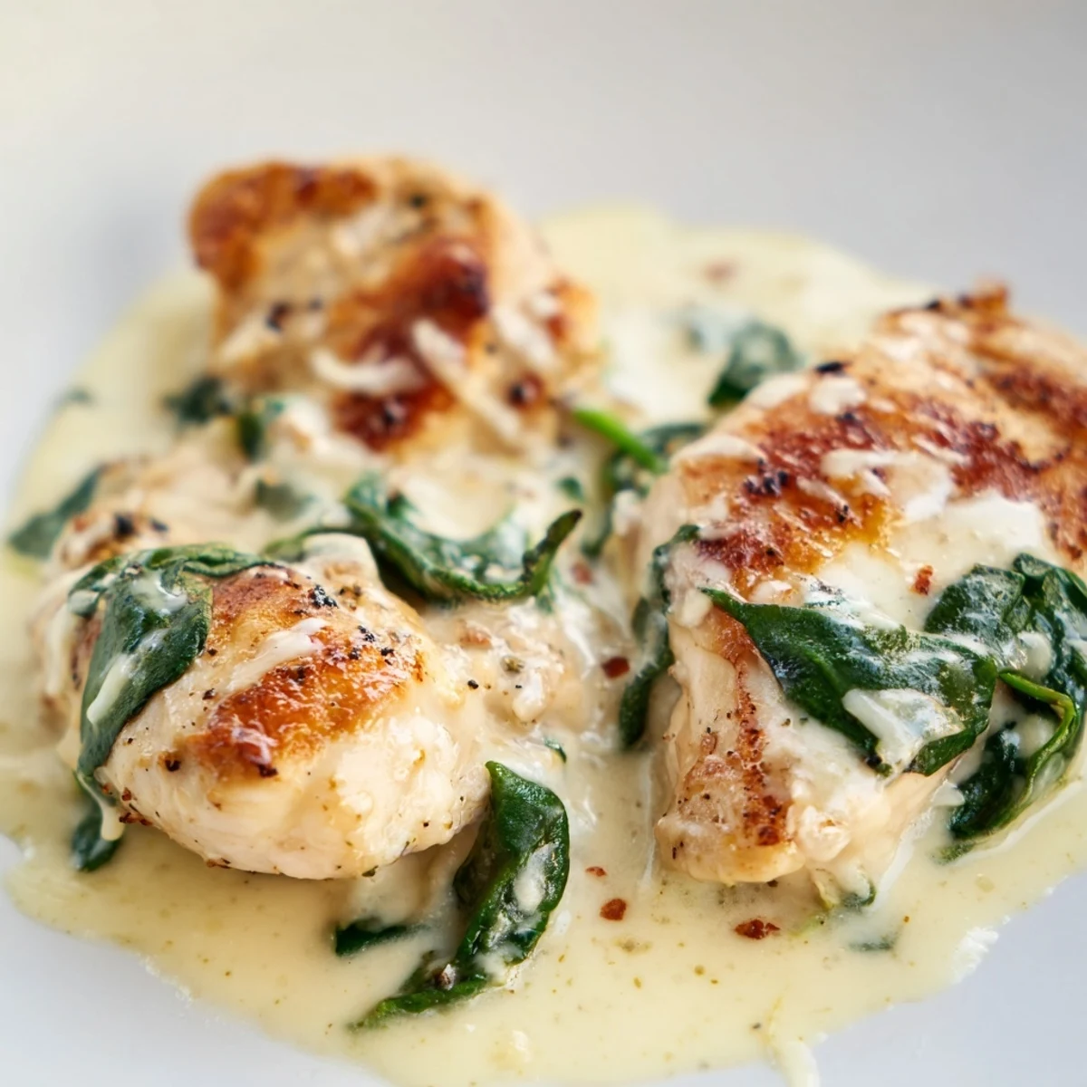 Creamy Parmesan chicken skillet served piping hot with tender spinach in white garlic sauce