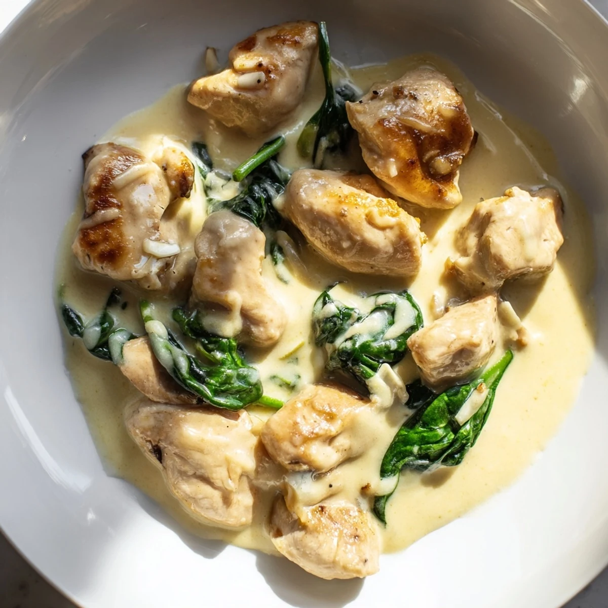 Golden brown chicken breasts simmering in rich Parmesan garlic sauce with fresh wilted spinach