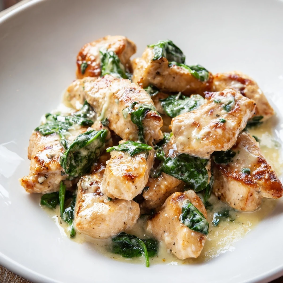 One-pan chicken dish coated in thick creamy Parmesan sauce dotted with fresh green spinach