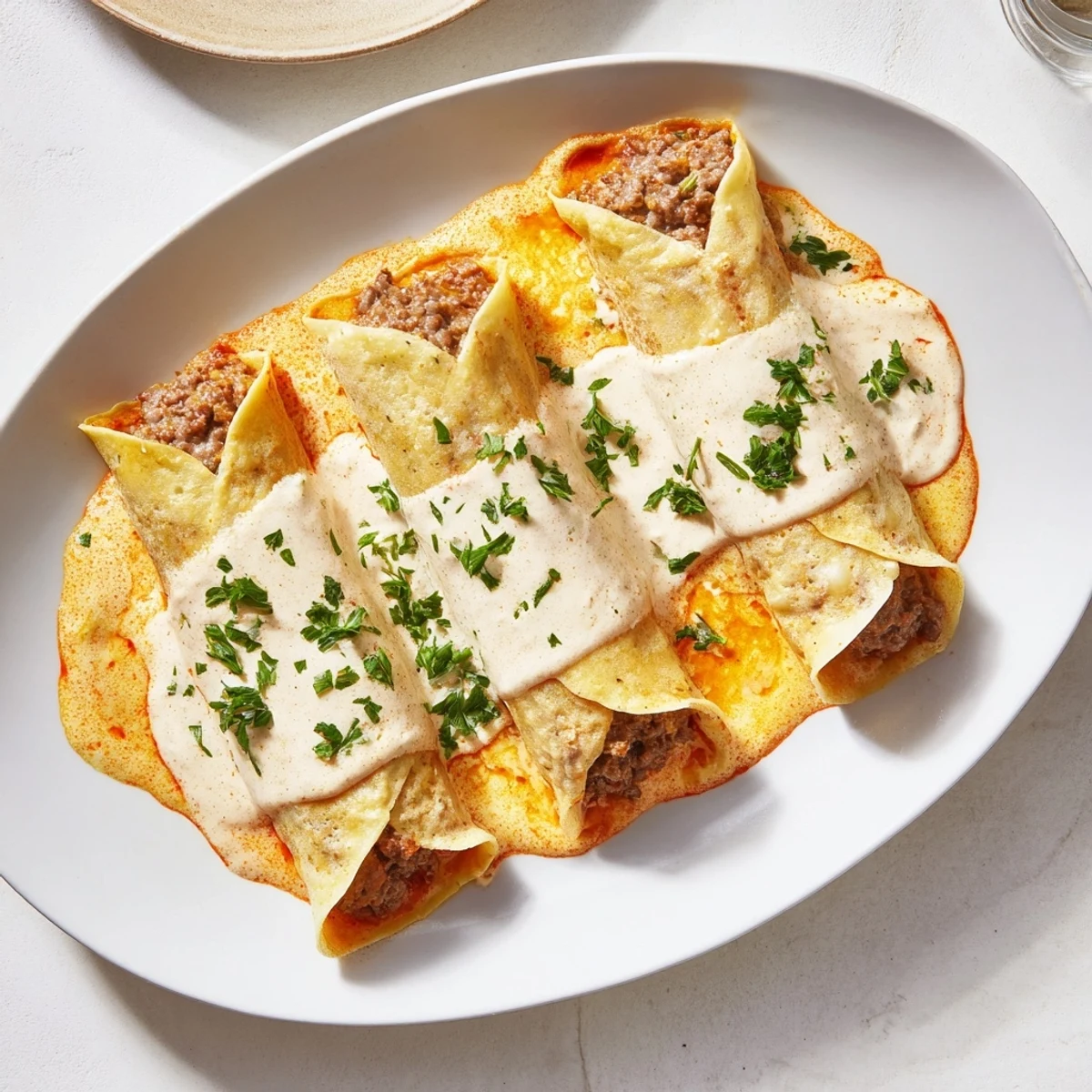 Rolled Hungarian crepes baking under bubbly white sauce with seasoned veal and pork filling